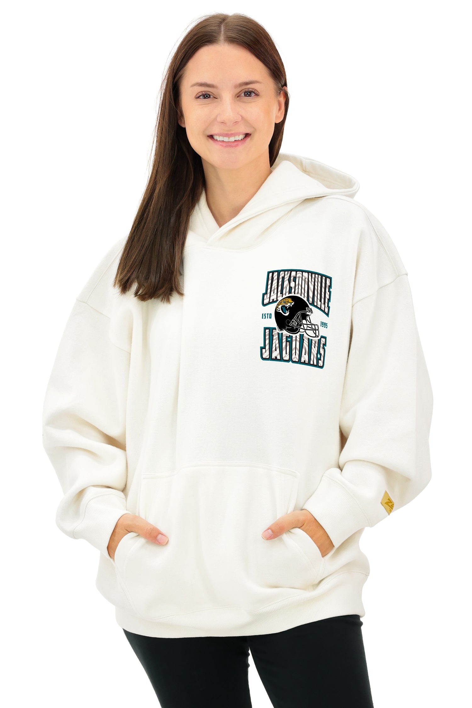Zubaz NFL UNISEX 90s Helmet Drop Shoulder Hoodies-Off White, JACKSONVILLE JAGUARS - Official NFL Jaguars Zubaz Apparel (2 of