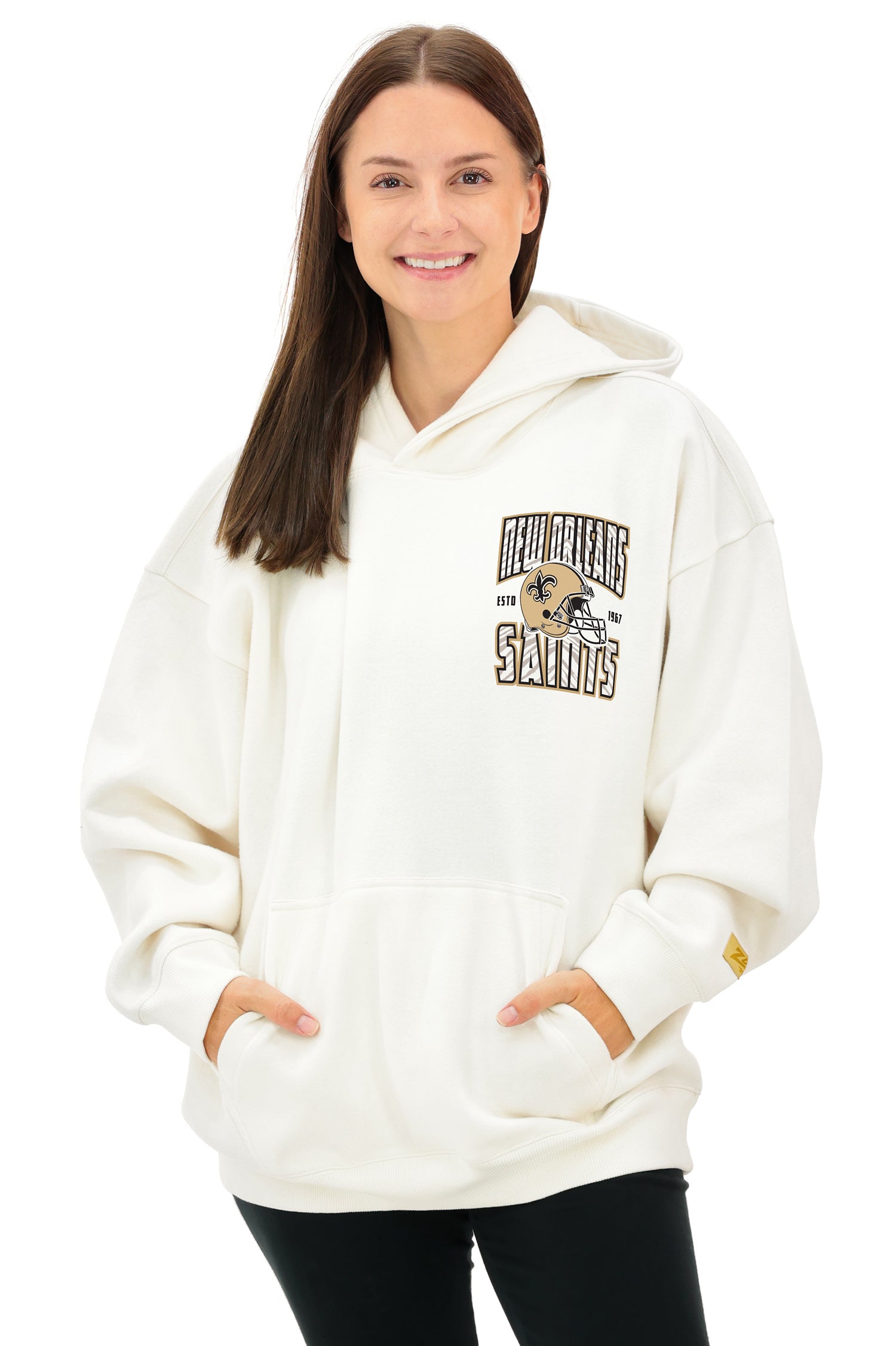 Zubaz NFL UNISEX 90s Helmet Drop Shoulder Hoodies-Off White, NEW ORLEANS SAINTS