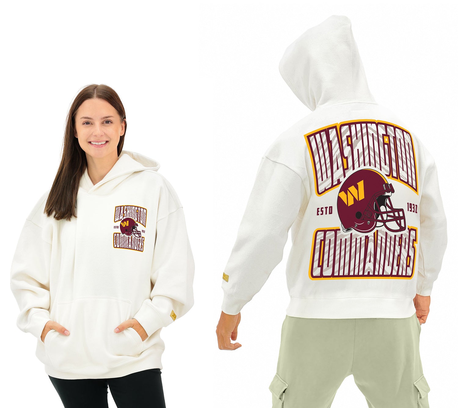 Zubaz NFL UNISEX 90s Helmet Drop Shoulder Hoodies-Off White, WASHINGTON COMMANDERS - Official NFL Commanders Zubaz Apparel (