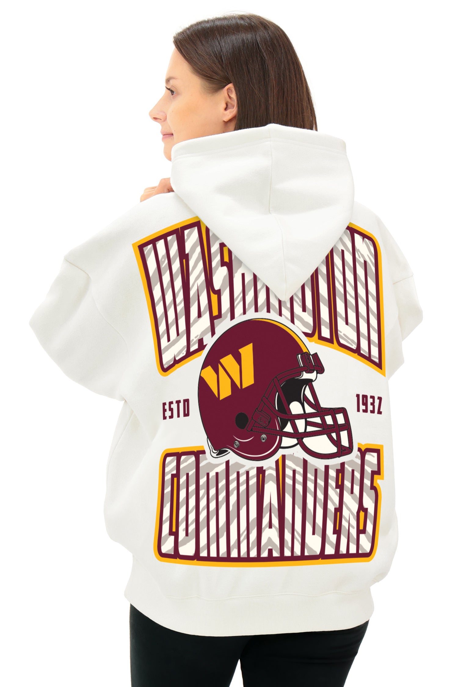 Zubaz NFL UNISEX 90s Helmet Drop Shoulder Hoodies-Off White, WASHINGTON COMMANDERS - Official NFL Commanders Zubaz Apparel (