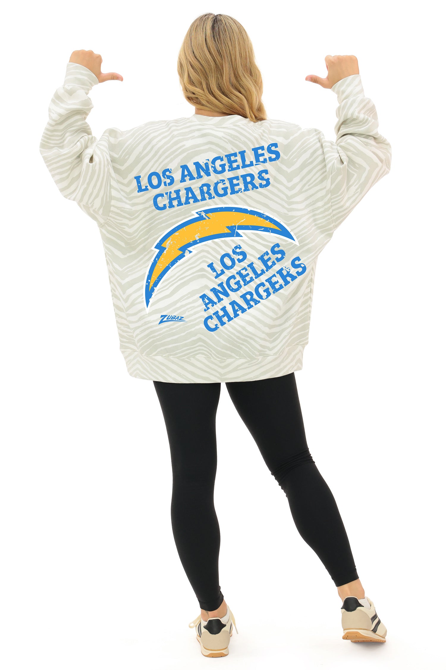 Zubaz NFL 90's All Over Zebra Crewneck Sweatshirt – Full Back, LOS ANGELES CHARGERS