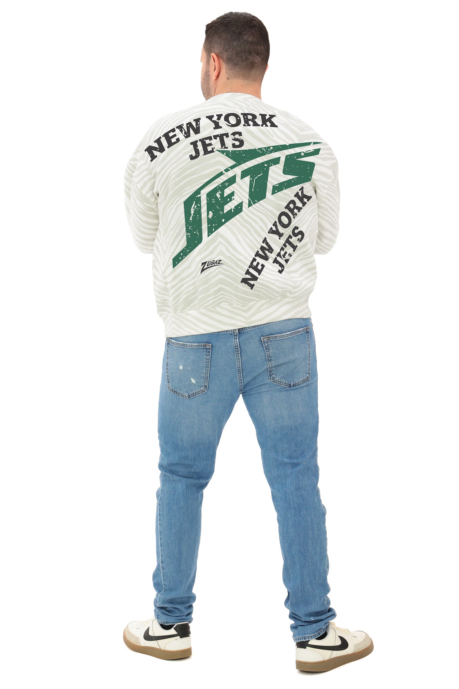 Zubaz NFL 90's All Over Zebra Crewneck Sweatshirt – Full Back, NEW YORK JETS