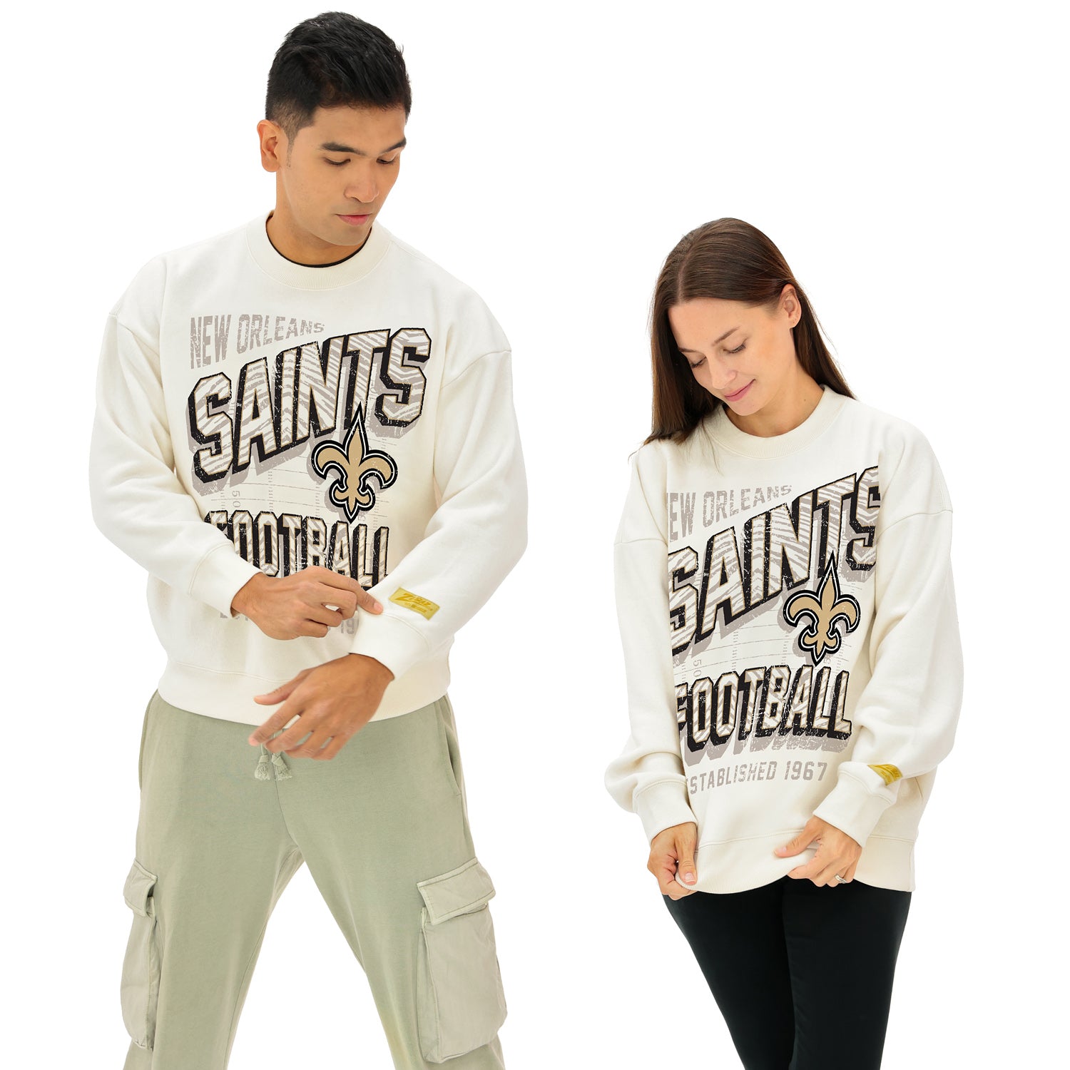 Zubaz NFL UNISEX 90s Vintage First Down Drop Shoulder Crewneck- Off White, NEW ORLEANS SAINTS
