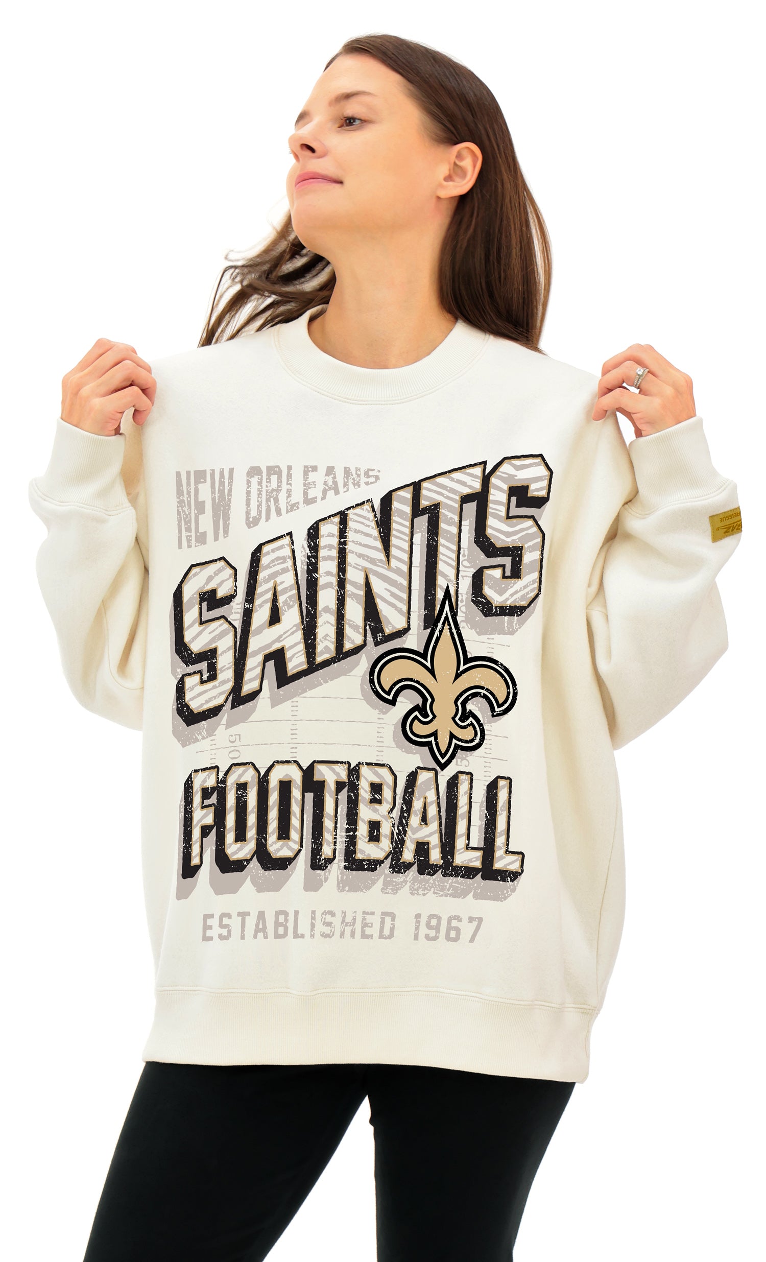 Zubaz NFL UNISEX 90s Vintage First Down Drop Shoulder Crewneck- Off White, NEW ORLEANS SAINTS