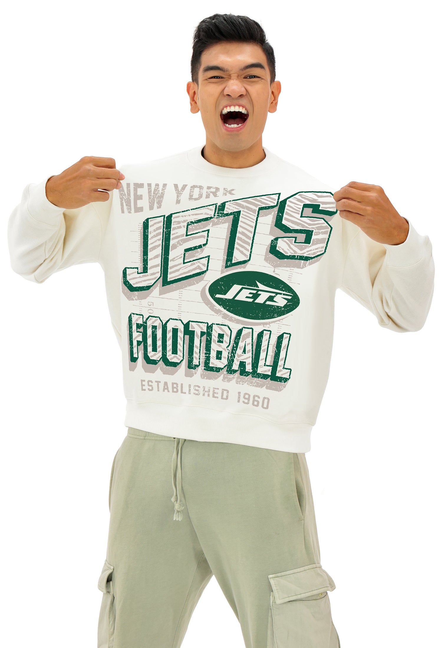 Zubaz NFL UNISEX 90s Vintage First Down Drop Shoulder Crewneck- Off White, NEW YORK JETS