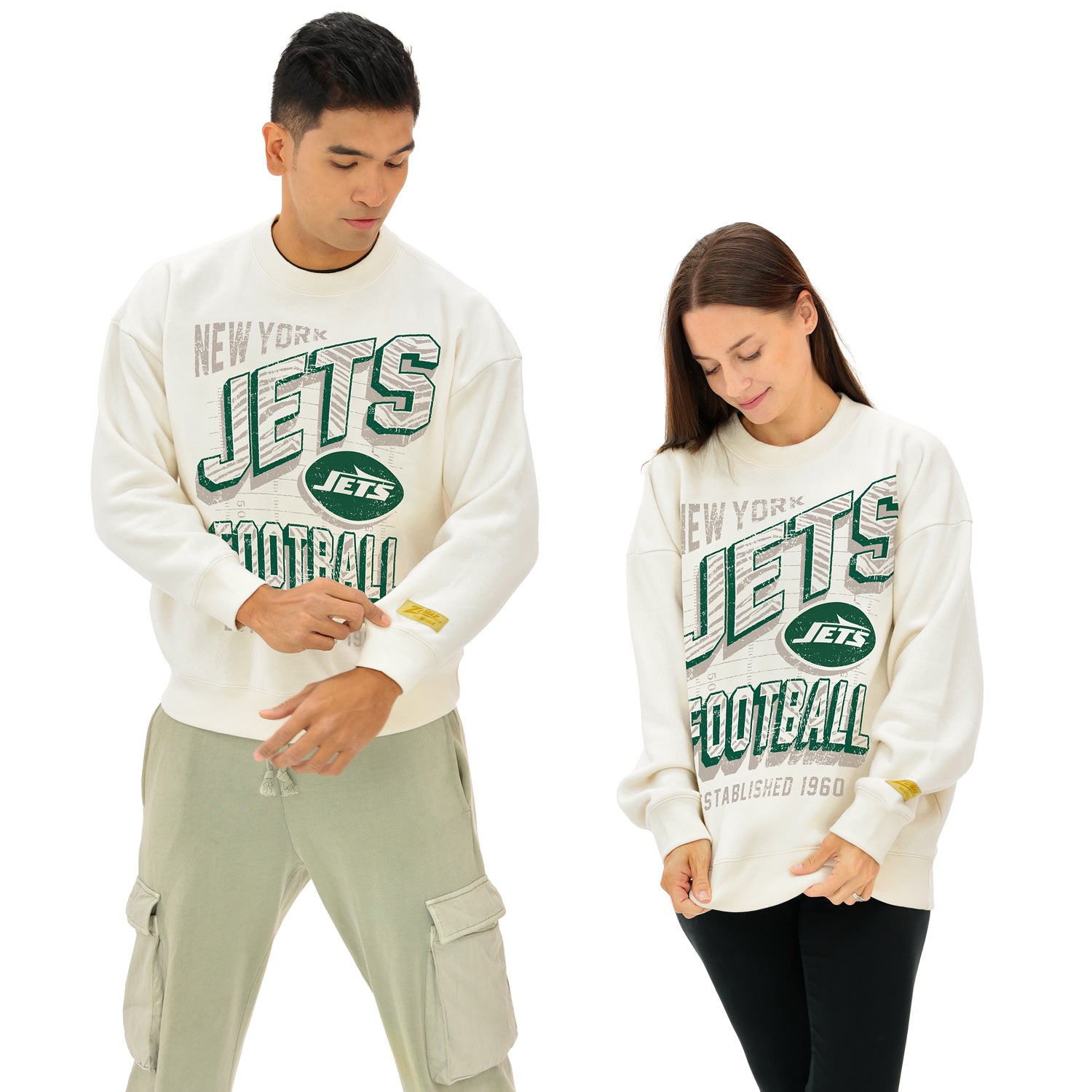 Zubaz NFL UNISEX 90s Vintage First Down Drop Shoulder Crewneck- Off White, NEW YORK JETS