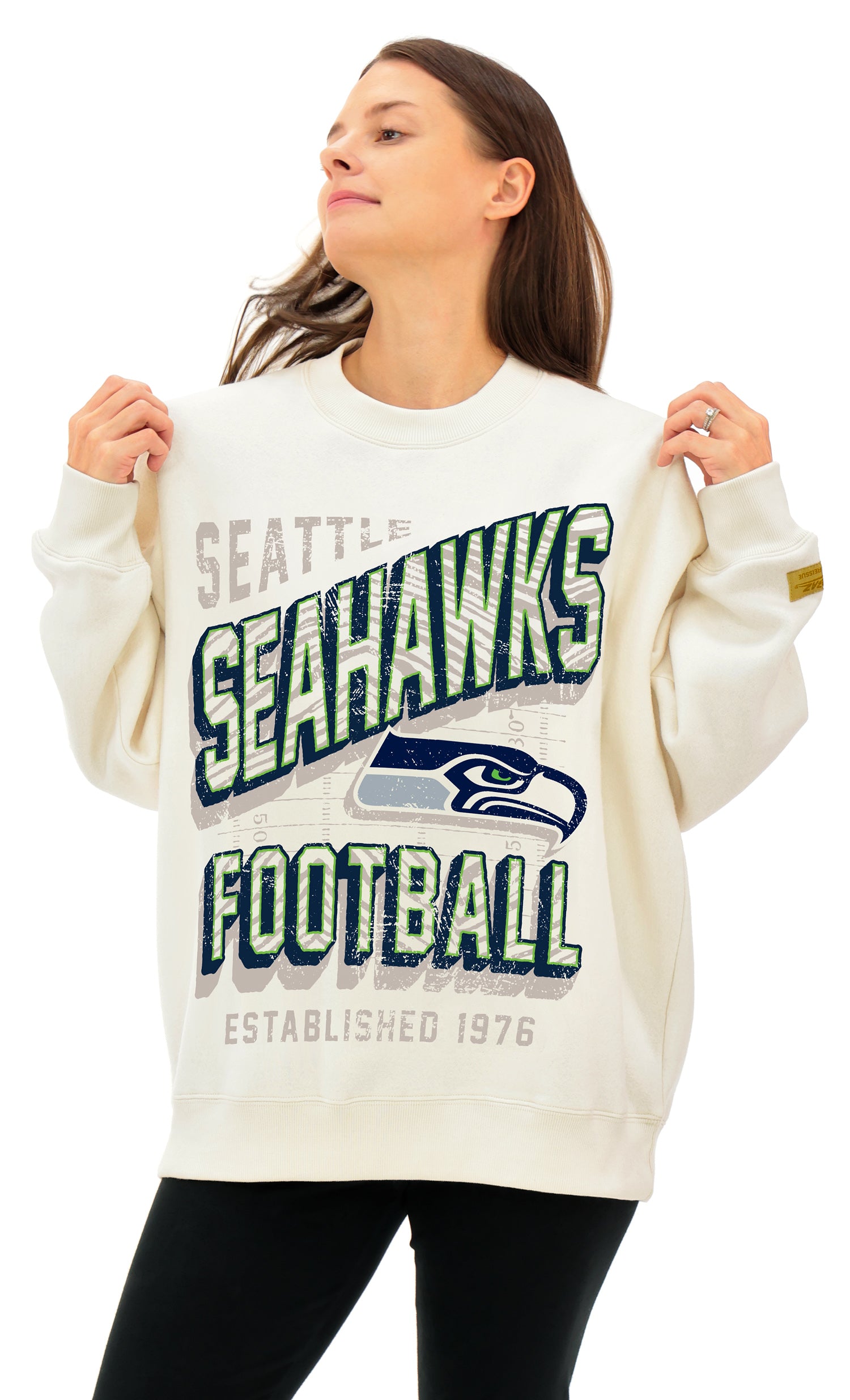 Zubaz NFL UNISEX 90s Vintage First Down Drop Shoulder Crewneck- Off White, SEATTLE SEAHAWKS - Official NFL Seahawks Zubaz Ap