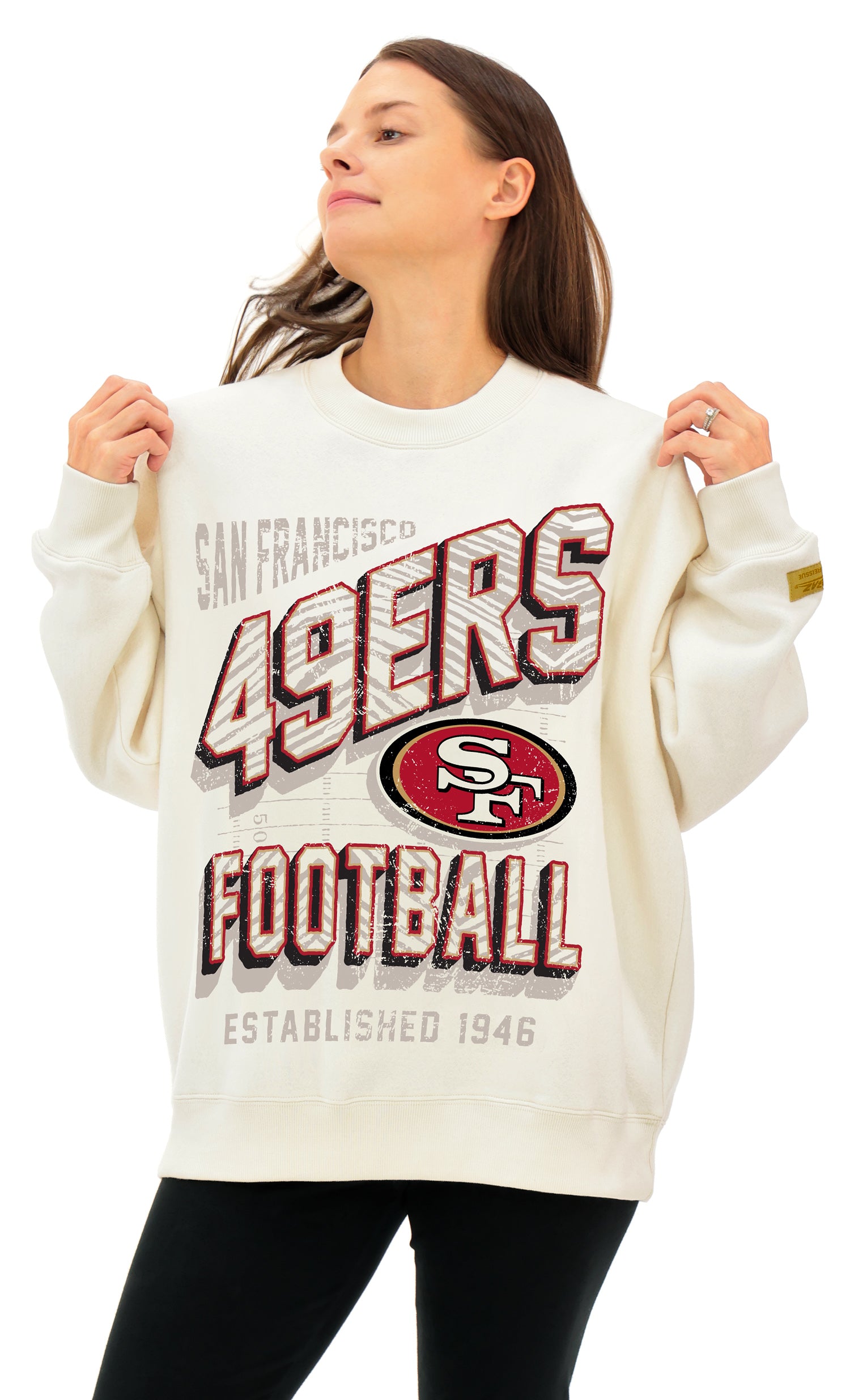 Zubaz NFL UNISEX 90s Vintage First Down Drop Shoulder Crewneck- Off White, SAN FRANCISCO 49ERS