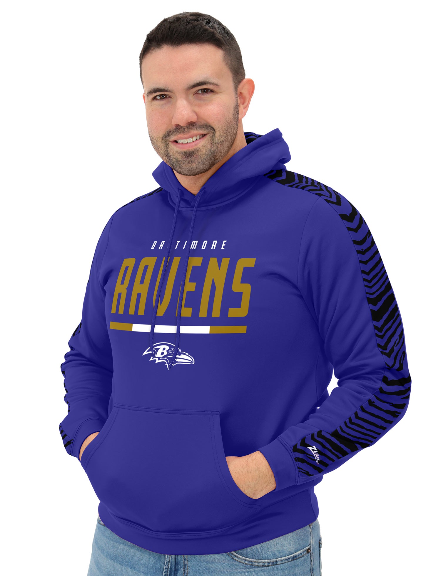 Zubaz NFL Men's Linebacker 2 Color Zebra Sleeve Panel Hoodie, BALTIMORE RAVENS