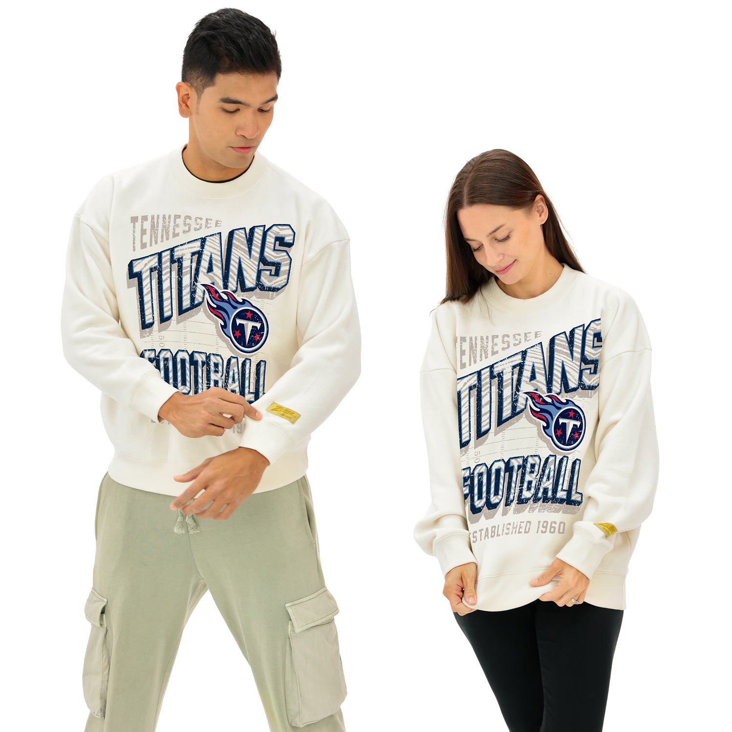 Zubaz NFL UNISEX 90s Vintage First Down Drop Shoulder Crewneck- Off White, TENNESSEE TITANS