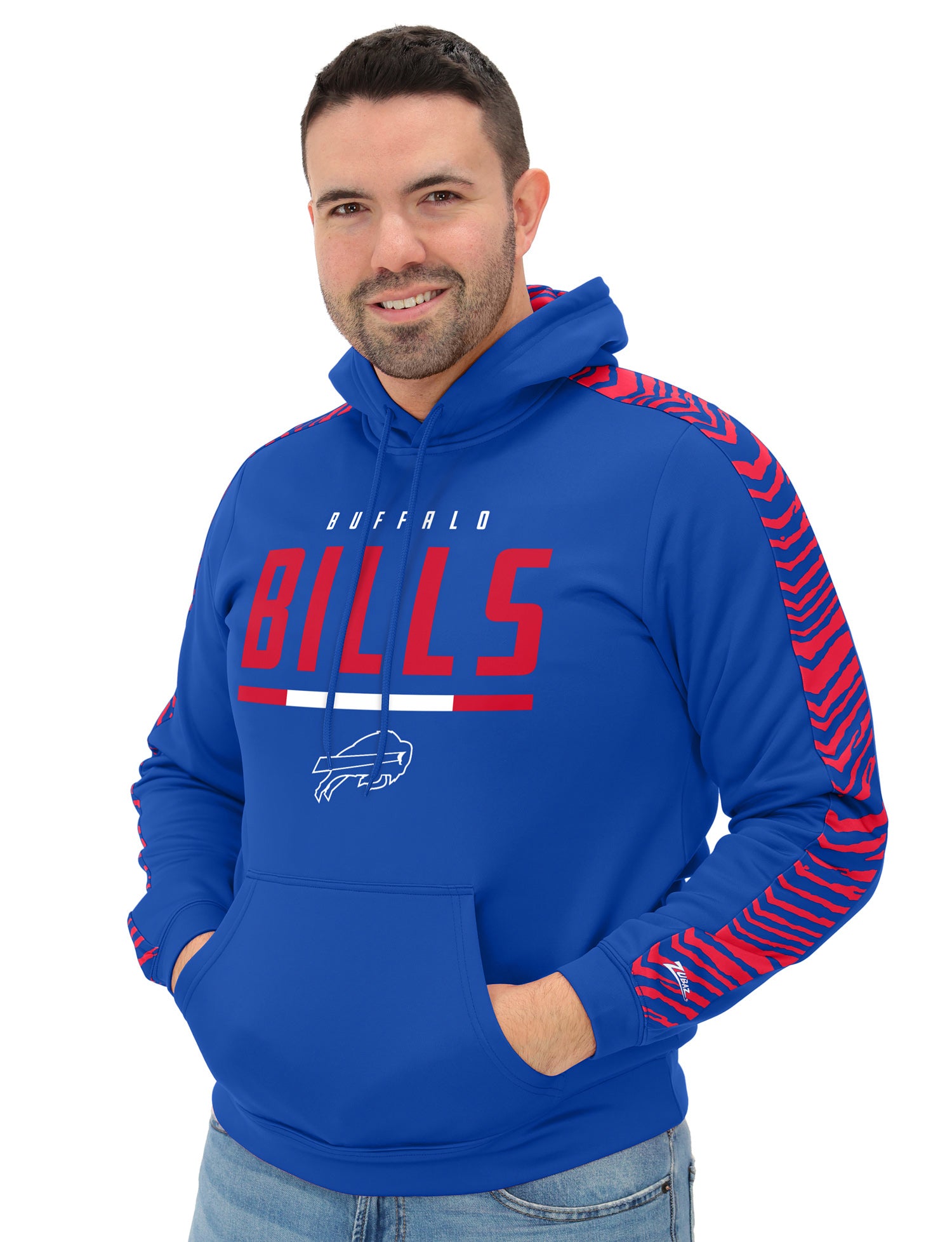 Zubaz NFL Men's Linebacker 2 Color Zebra Sleeve Panel Hoodie, BUFFALO BILLS