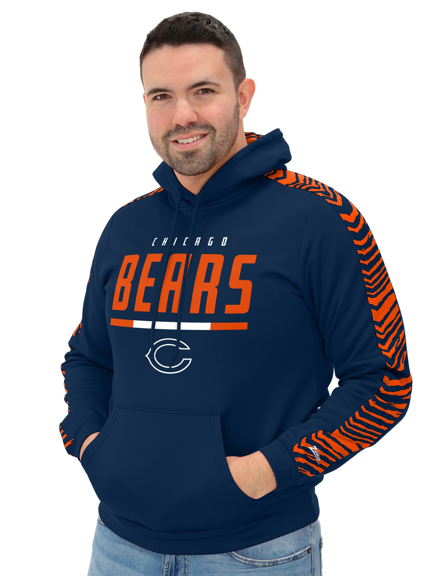 Zubaz NFL Men's Linebacker 2 Color Zebra Sleeve Panel Hoodie, CHICAGO BEARS
