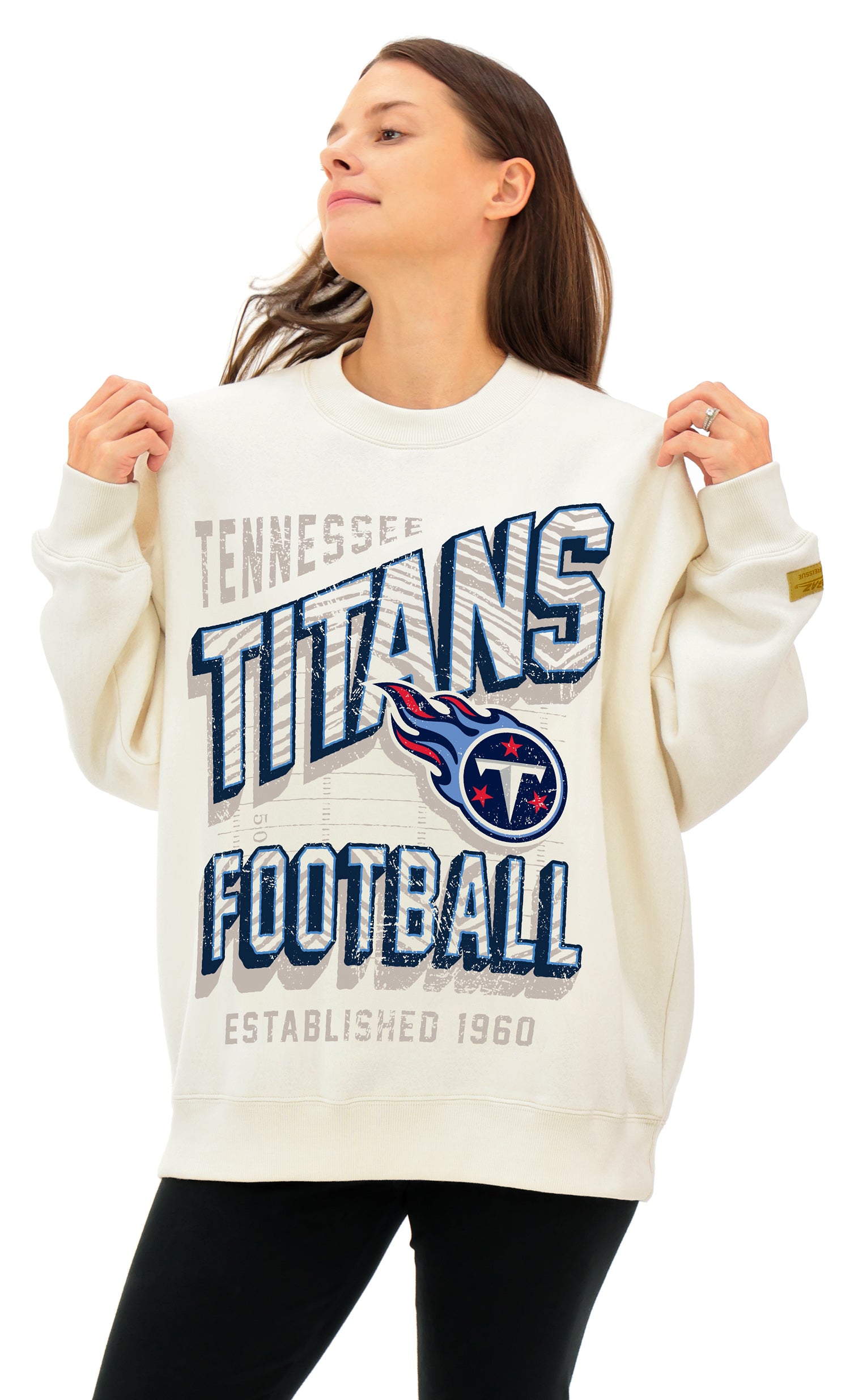 Zubaz NFL UNISEX 90s Vintage First Down Drop Shoulder Crewneck- Off White, TENNESSEE TITANS