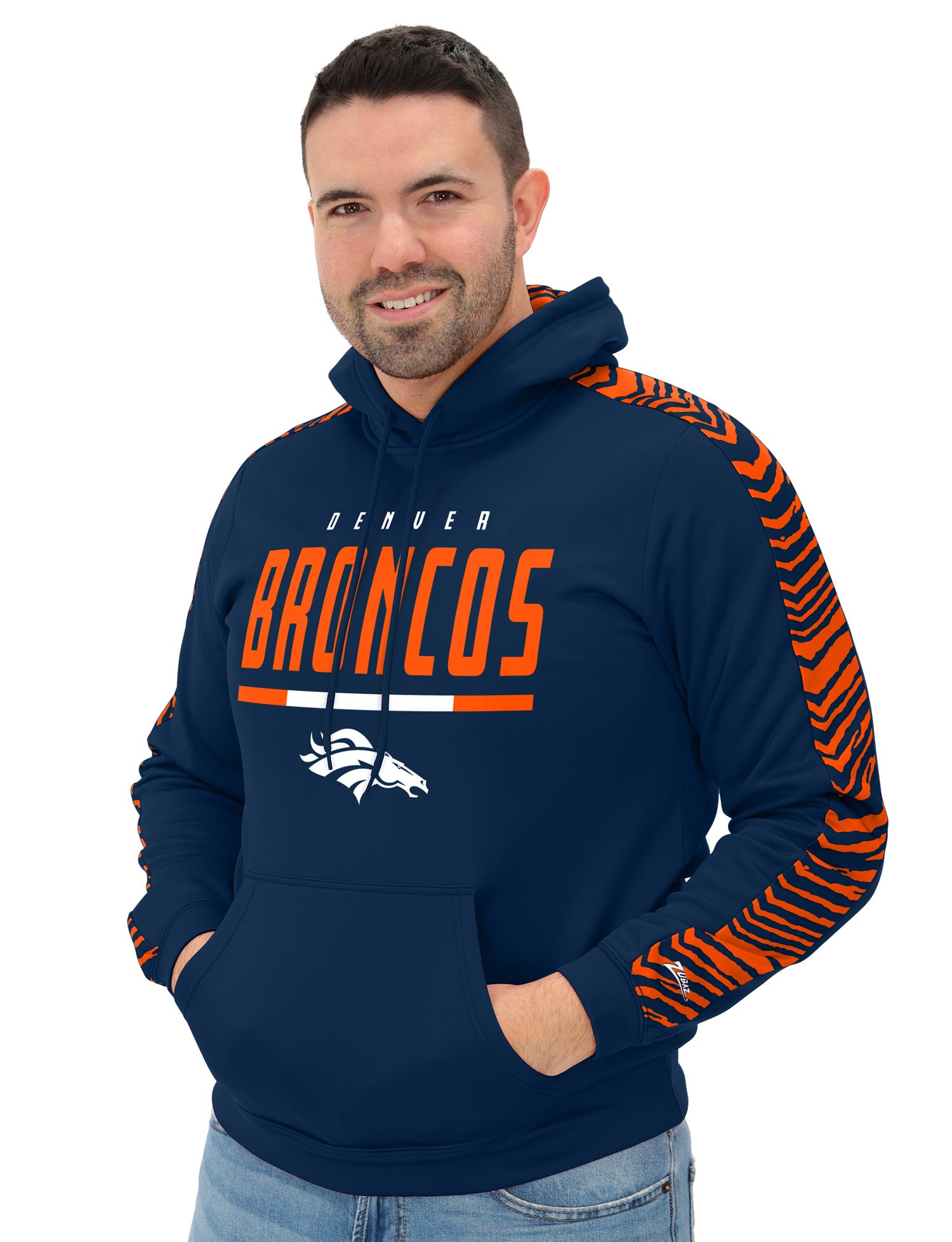 Zubaz NFL Men's Linebacker 2 Color Zebra Sleeve Panel Hoodie, DENVER BRONCOS