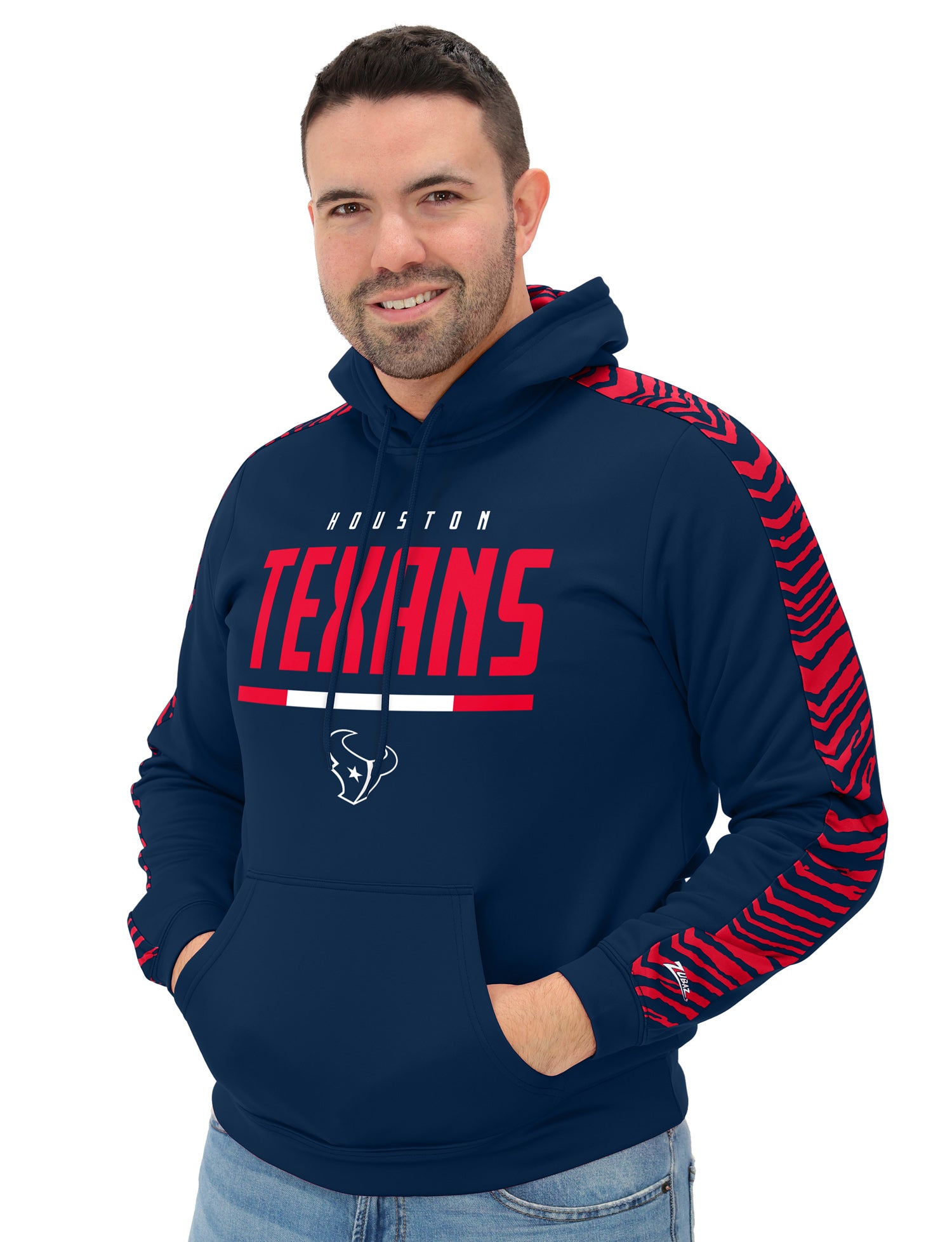 Zubaz NFL Men's Linebacker 2 Color Zebra Sleeve Panel Hoodie, HOUSTON TEXANS