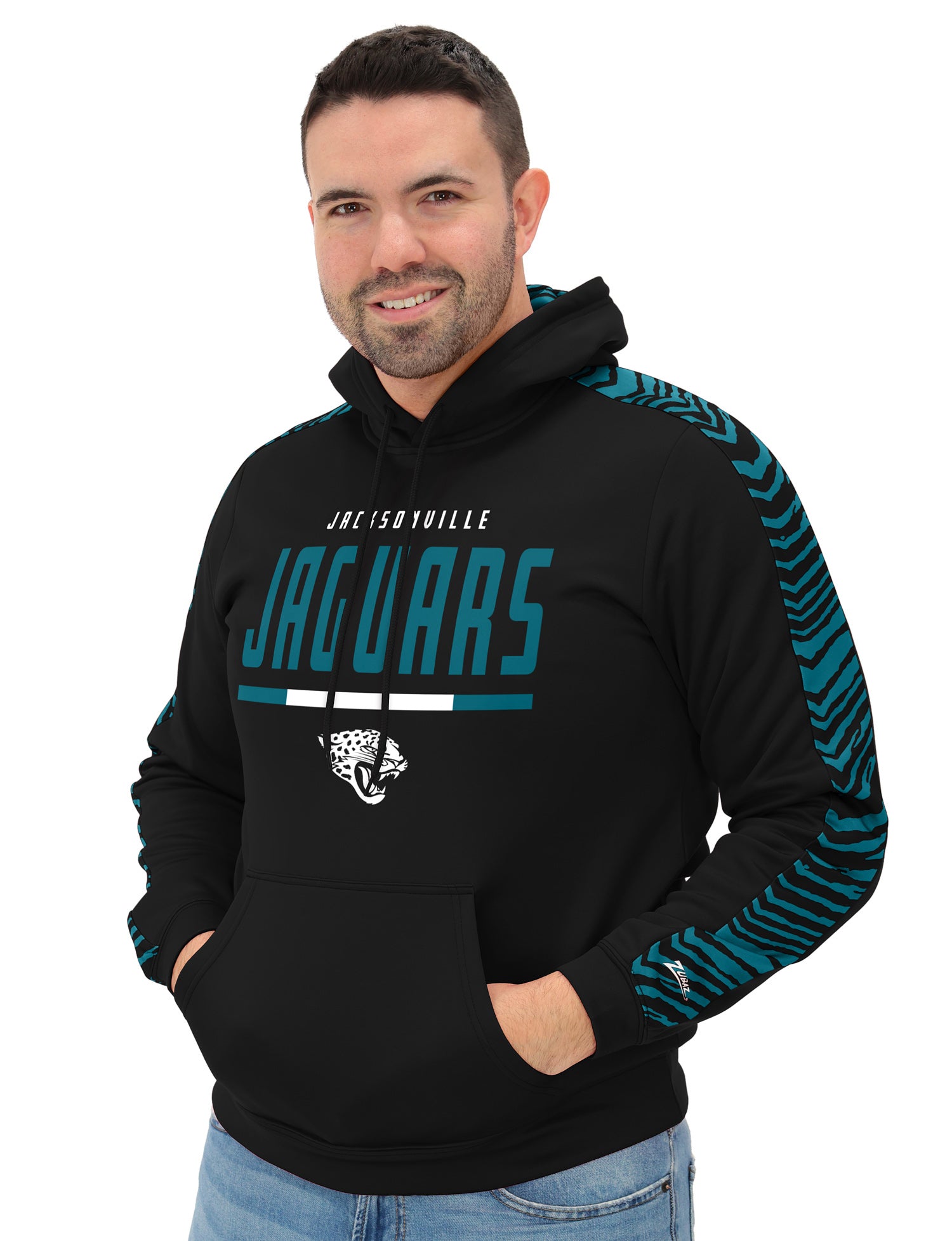 Zubaz NFL Men's Linebacker 2 Color Zebra Sleeve Panel Hoodie, JACKSONVILLE JAGUARS