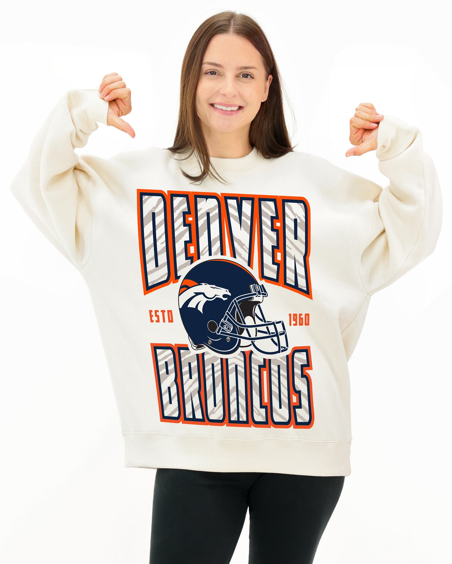 Zubaz NFL UNISEX 90s Helmet Drop Shoulder Crewneck -Off White, DENVER BRONCOS