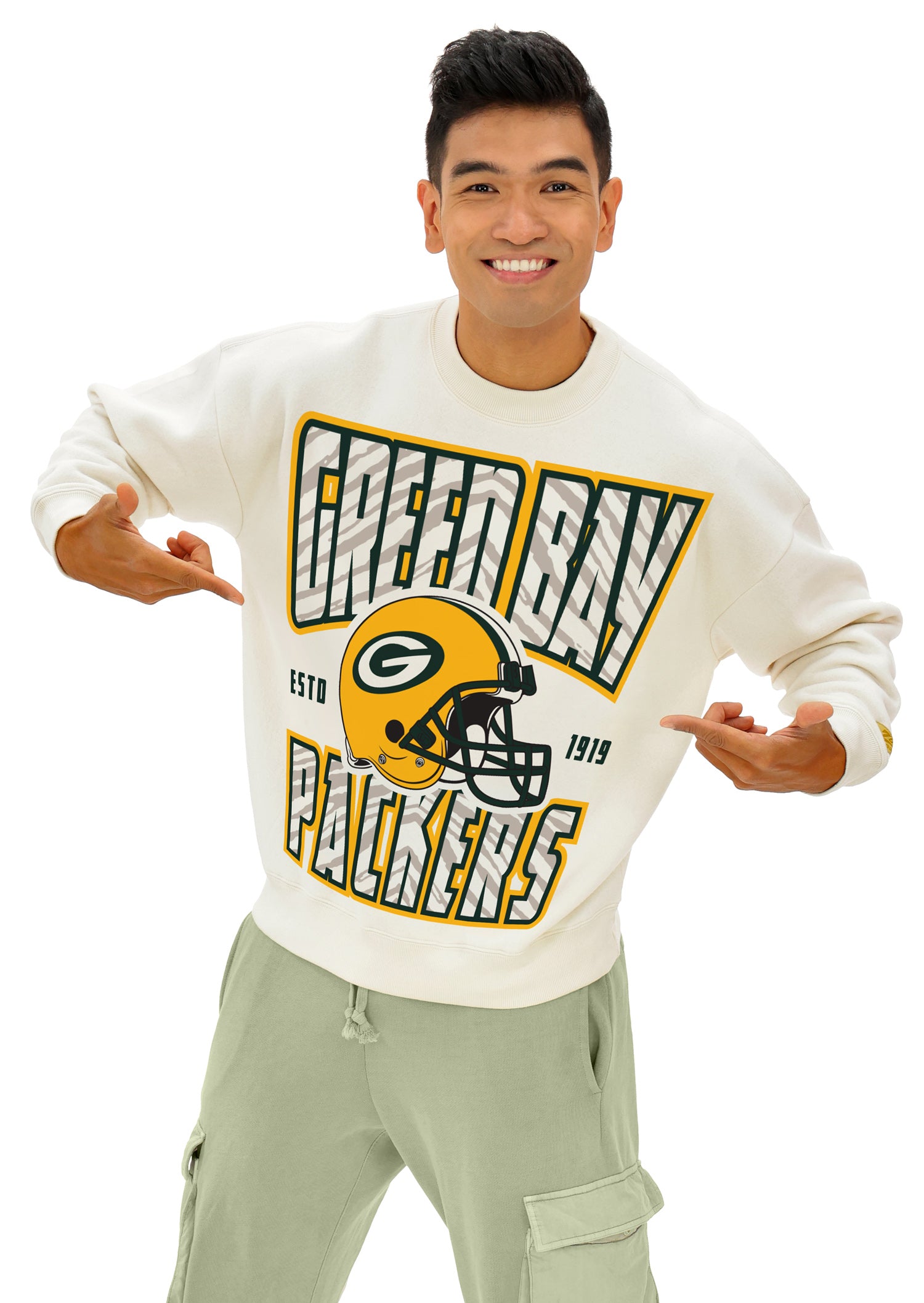 Zubaz NFL UNISEX 90s Helmet Drop Shoulder Crewneck -Off White, GREEN BAY PACKERS - Official NFL Packers Zubaz Apparel (2 of