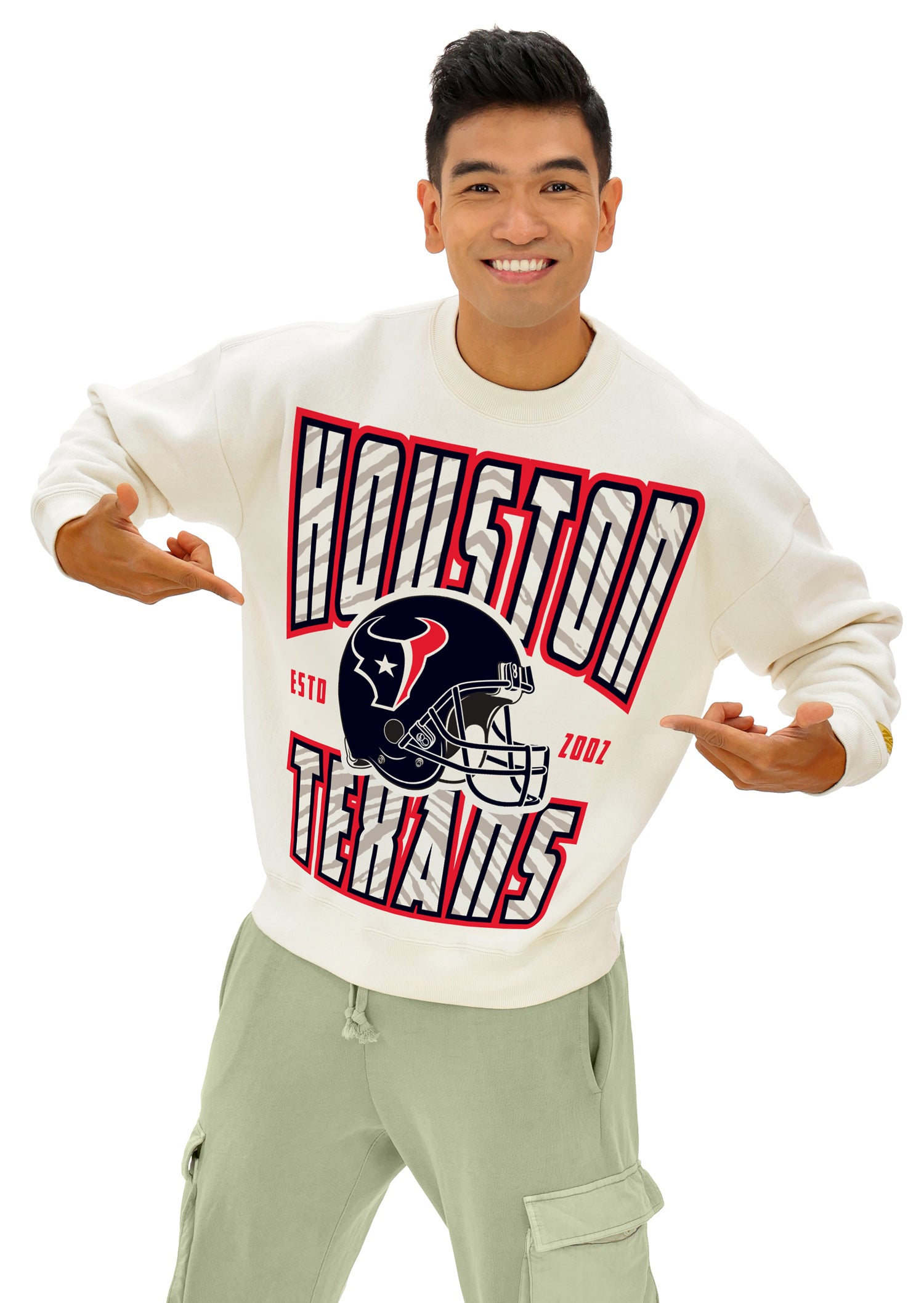 Zubaz NFL UNISEX 90s Helmet Drop Shoulder Crewneck -Off White, HOUSTON TEXANS