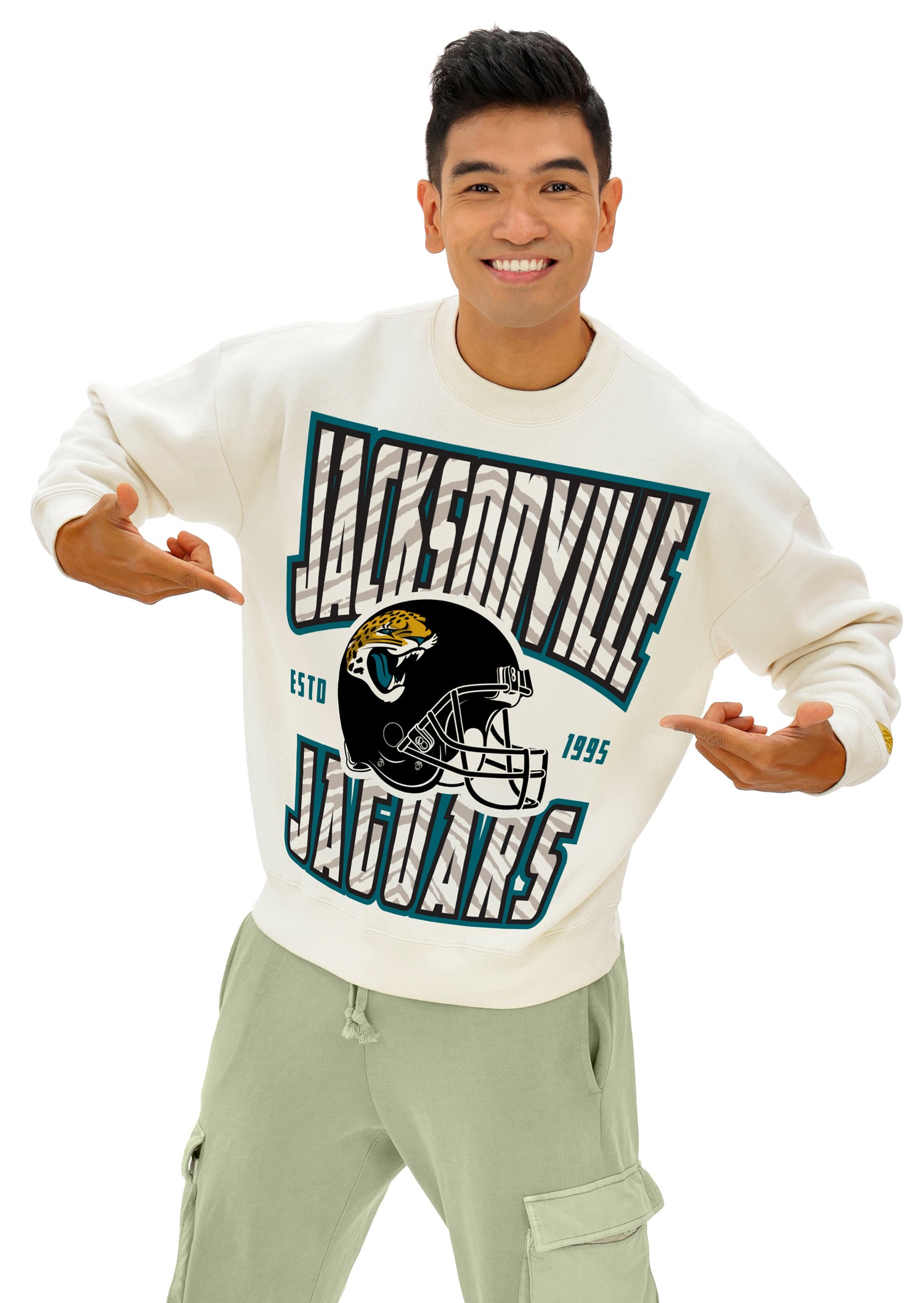 Zubaz NFL UNISEX 90s Helmet Drop Shoulder Crewneck -Off White, JACKSONVILLE JAGUARS