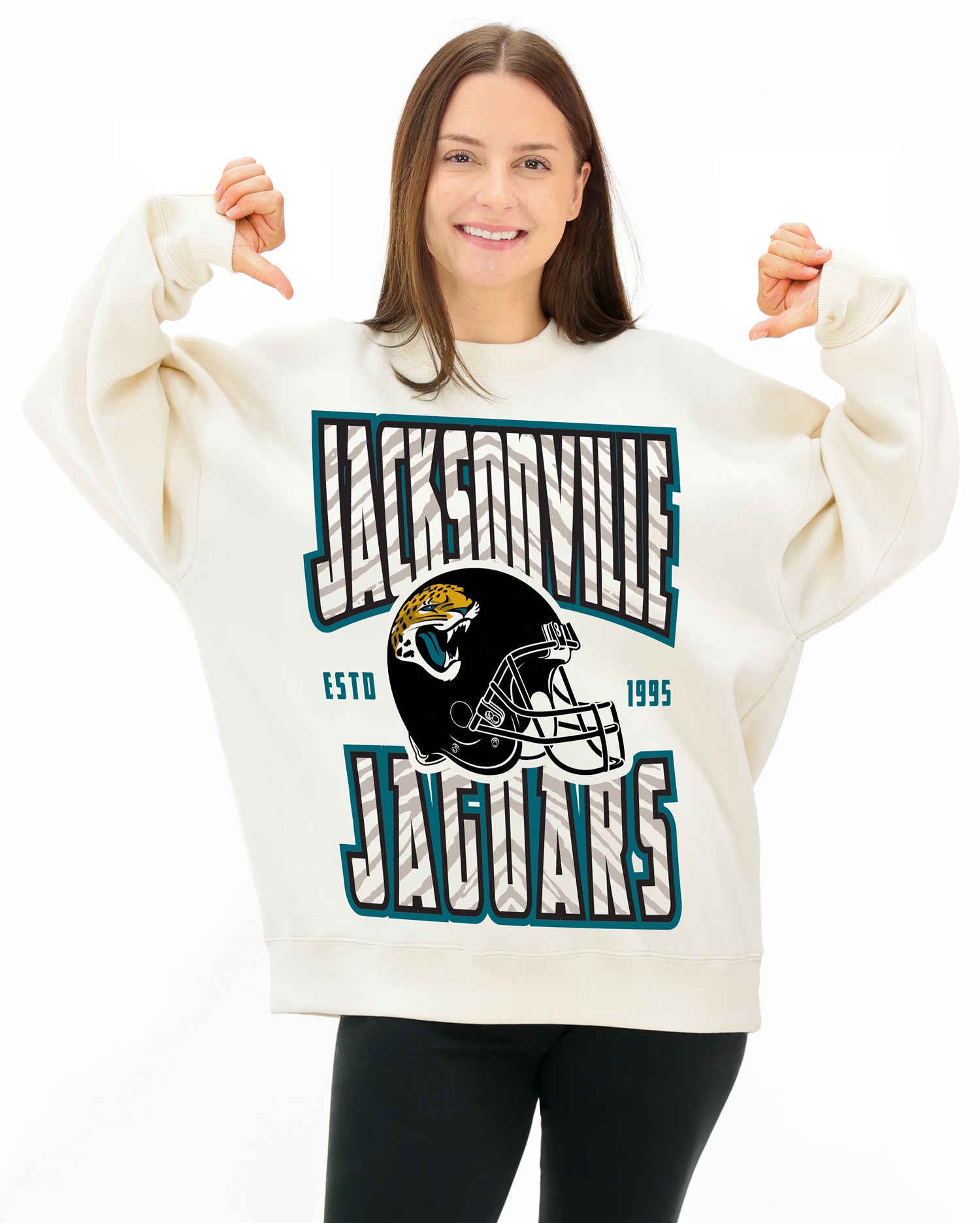 Zubaz NFL UNISEX 90s Helmet Drop Shoulder Crewneck -Off White, JACKSONVILLE JAGUARS