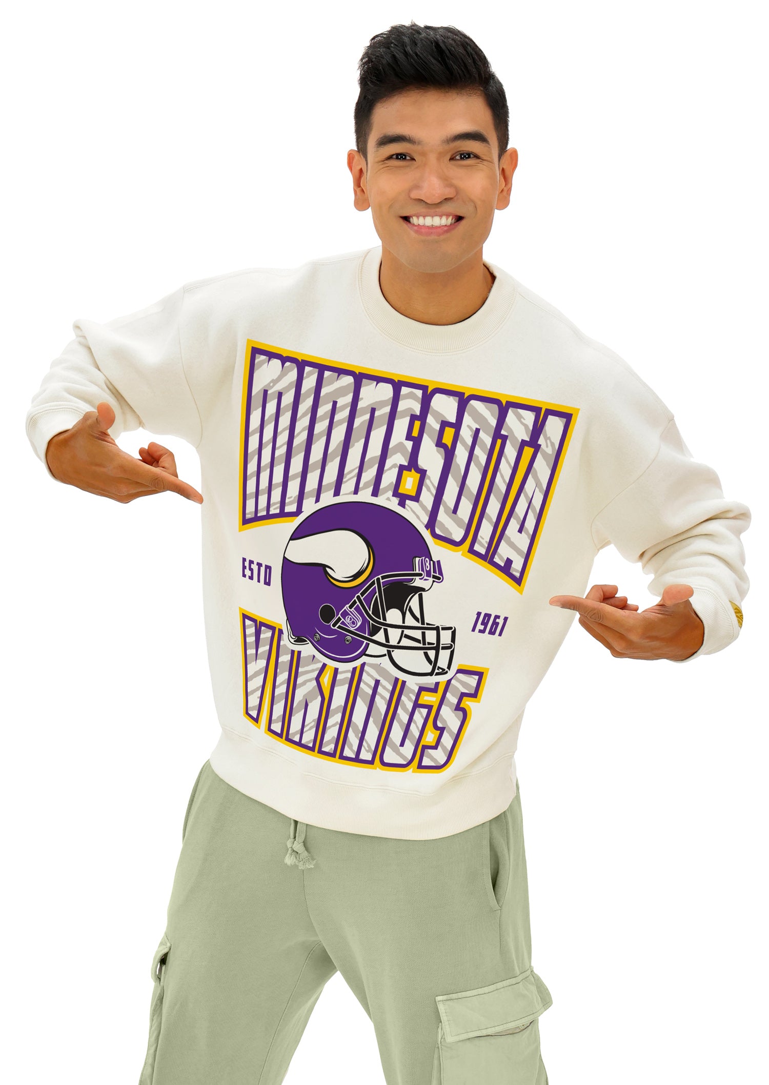 Zubaz NFL UNISEX 90s Helmet Drop Shoulder Crewneck -Off White, MINNESOTA VIKINGS