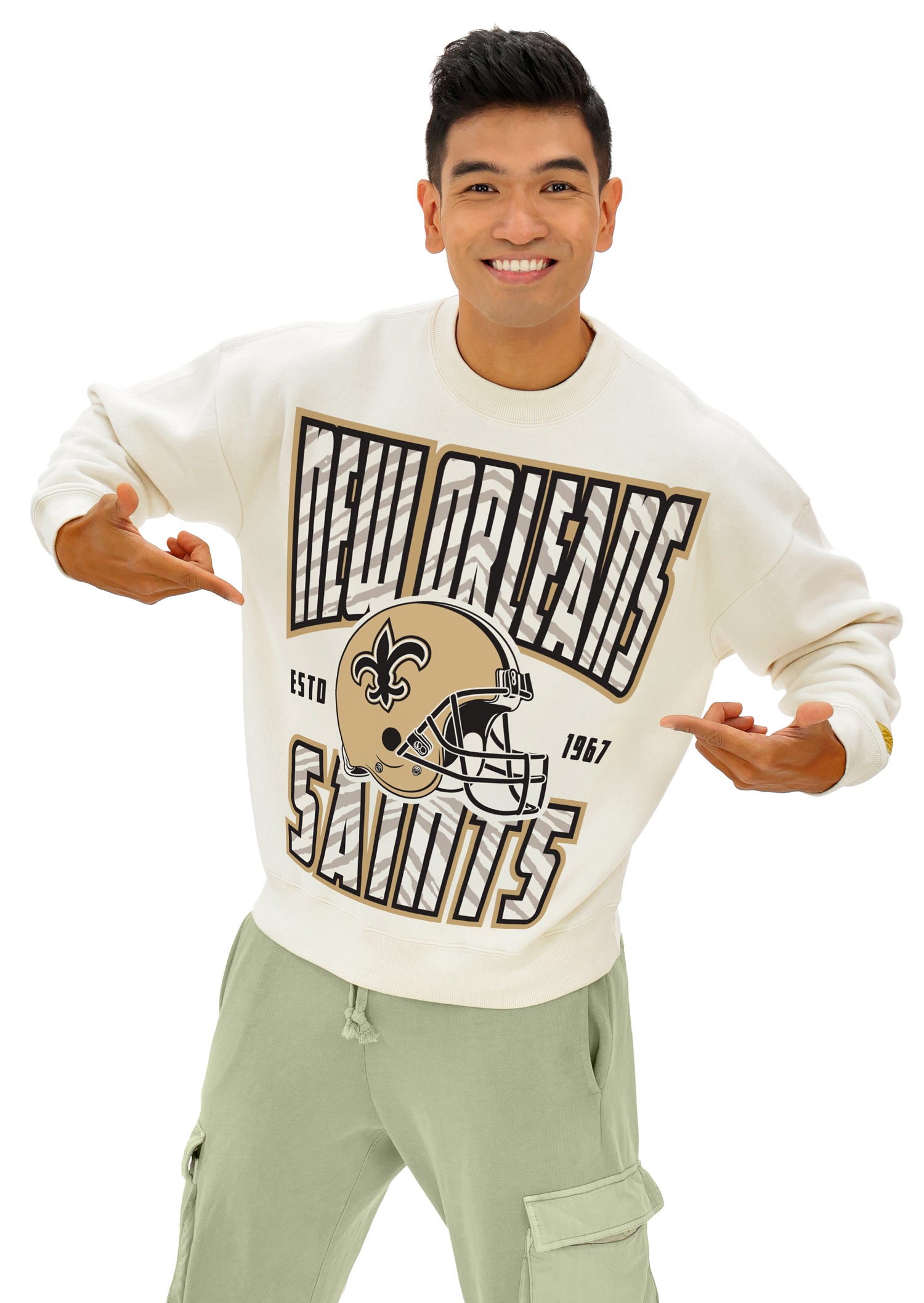 Zubaz NFL UNISEX 90s Helmet Drop Shoulder Crewneck -Off White, NEW ORLEANS SAINTS