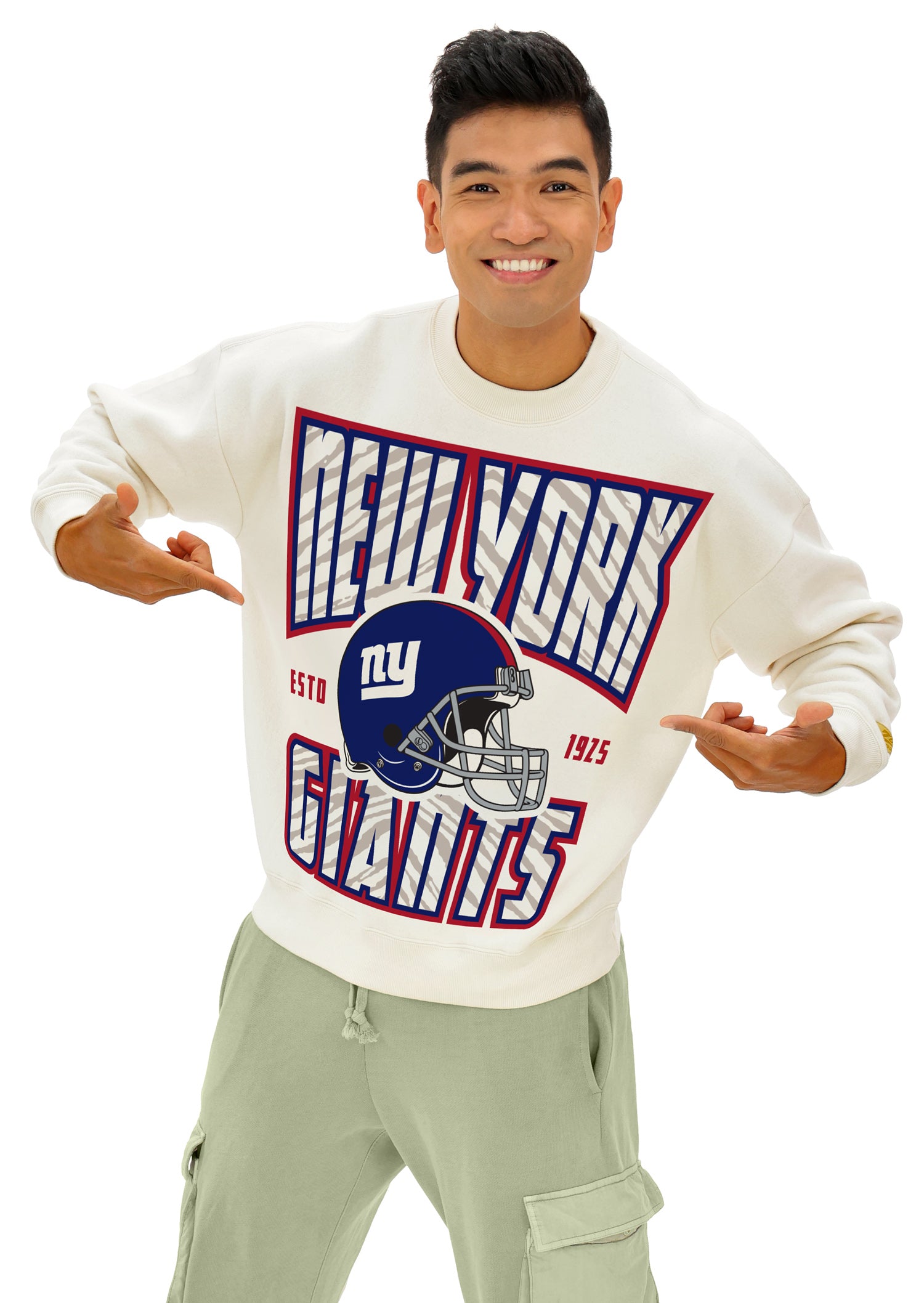 Zubaz NFL UNISEX 90s Helmet Drop Shoulder Crewneck -Off White, NEW YORK GIANTS