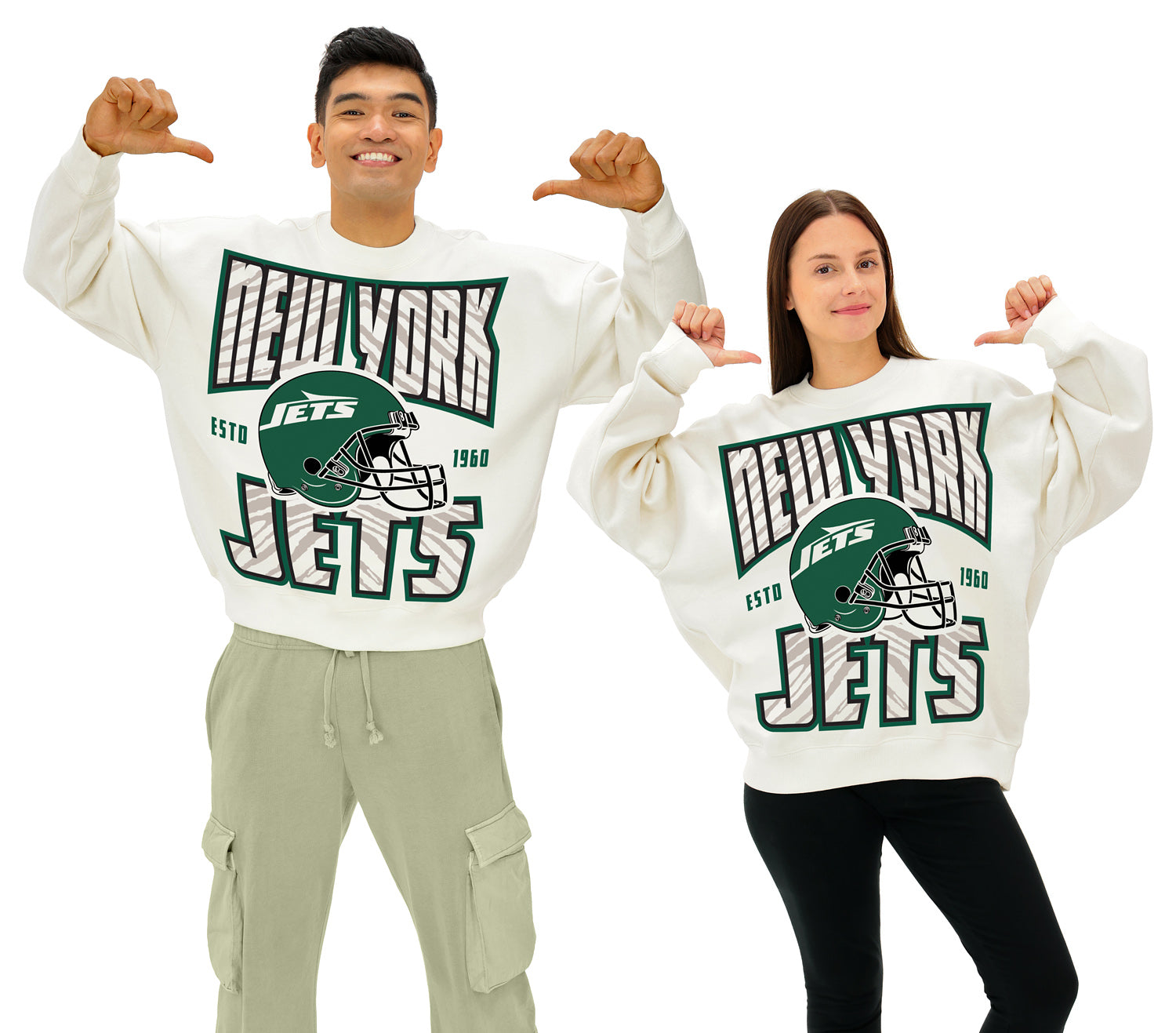 Zubaz NFL UNISEX 90s Helmet Drop Shoulder Crewneck -Off White, NEW YORK JETS