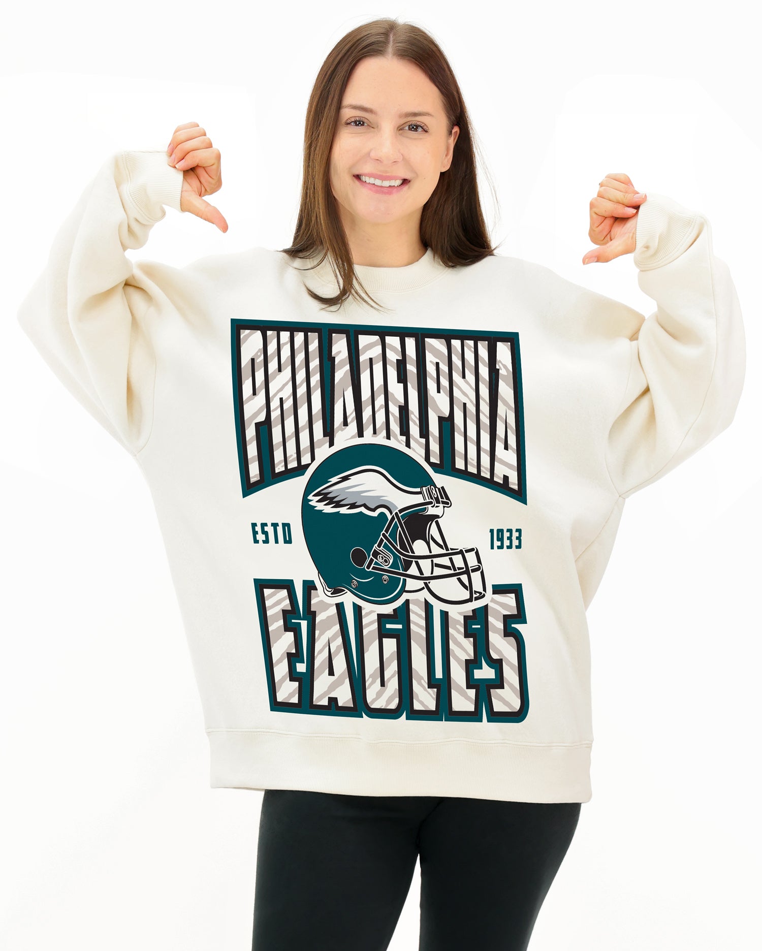 Zubaz NFL UNISEX 90s Helmet Drop Shoulder Crewneck -Off White, PHILADELPHIA EAGLES