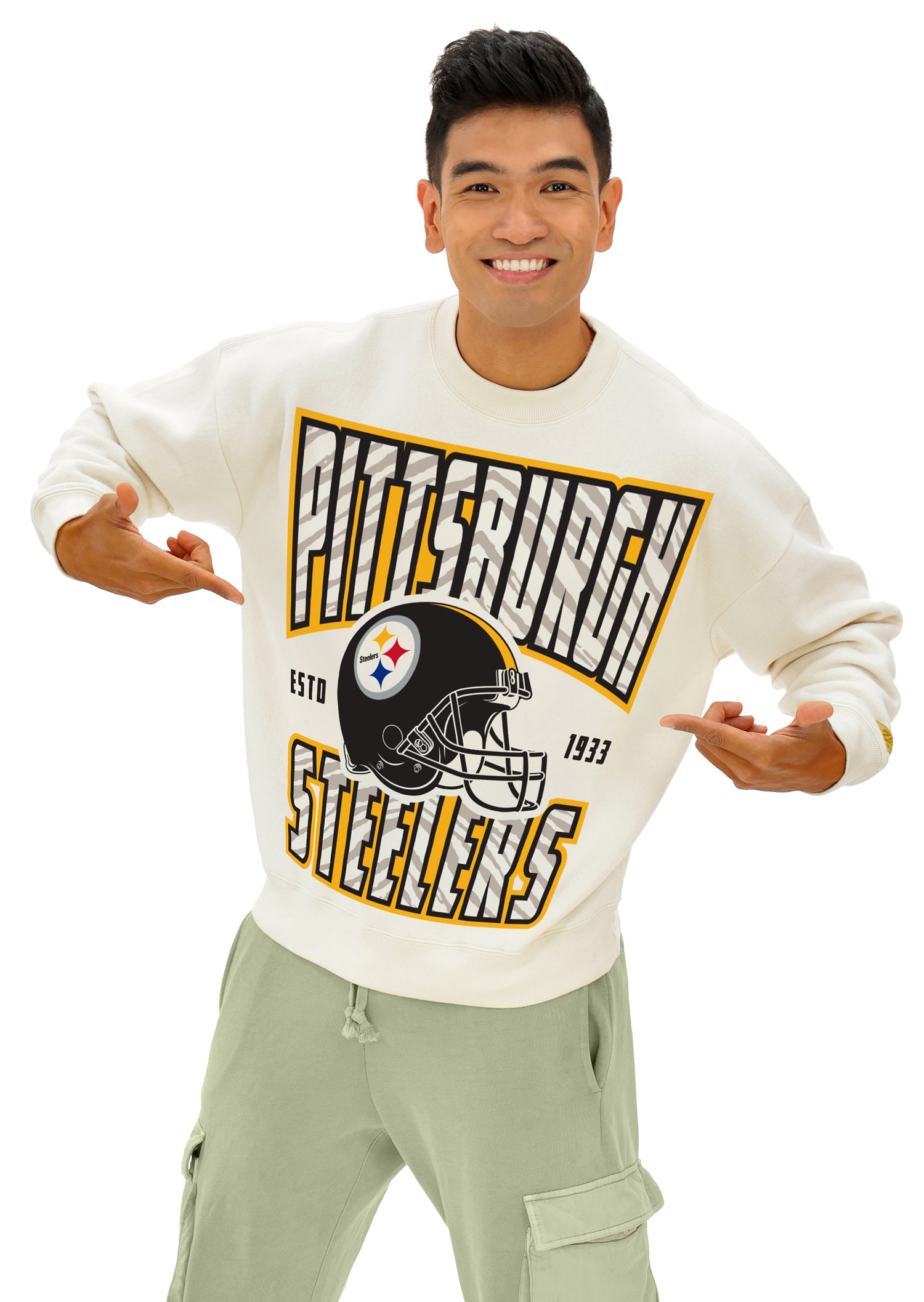 Zubaz NFL UNISEX 90s Helmet Drop Shoulder Crewneck -Off White, PITTSBURGH STEELERS