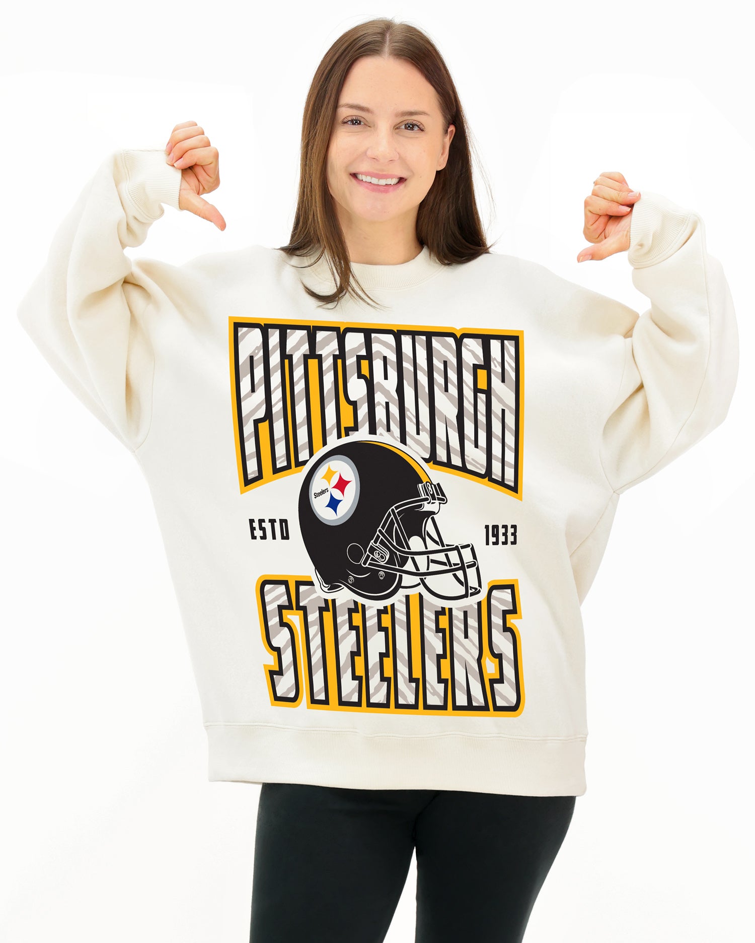 Zubaz NFL UNISEX 90s Helmet Drop Shoulder Crewneck -Off White, PITTSBURGH STEELERS