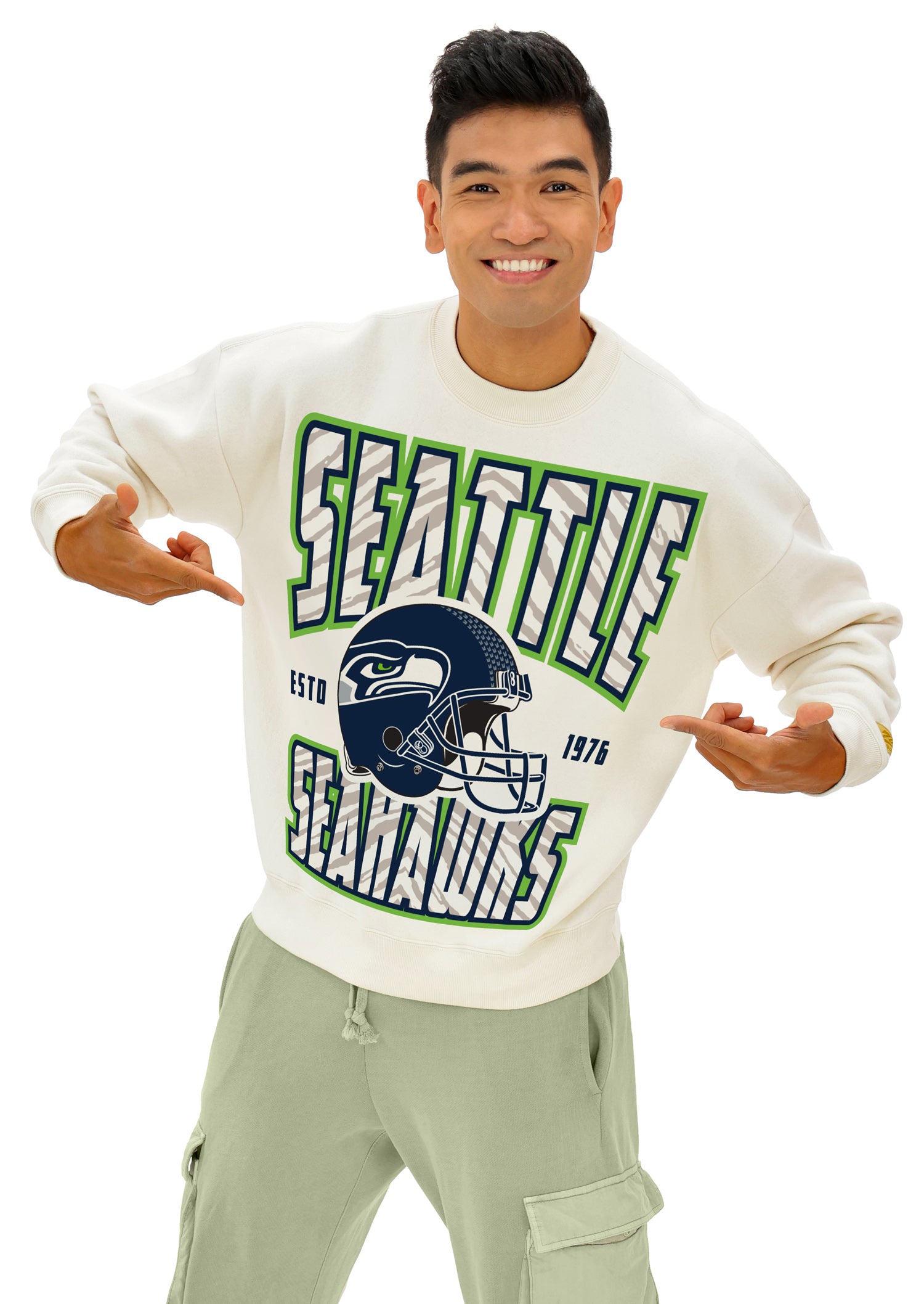 Zubaz NFL UNISEX 90s Helmet Drop Shoulder Crewneck -Off White, SEATTLE SEAHAWKS
