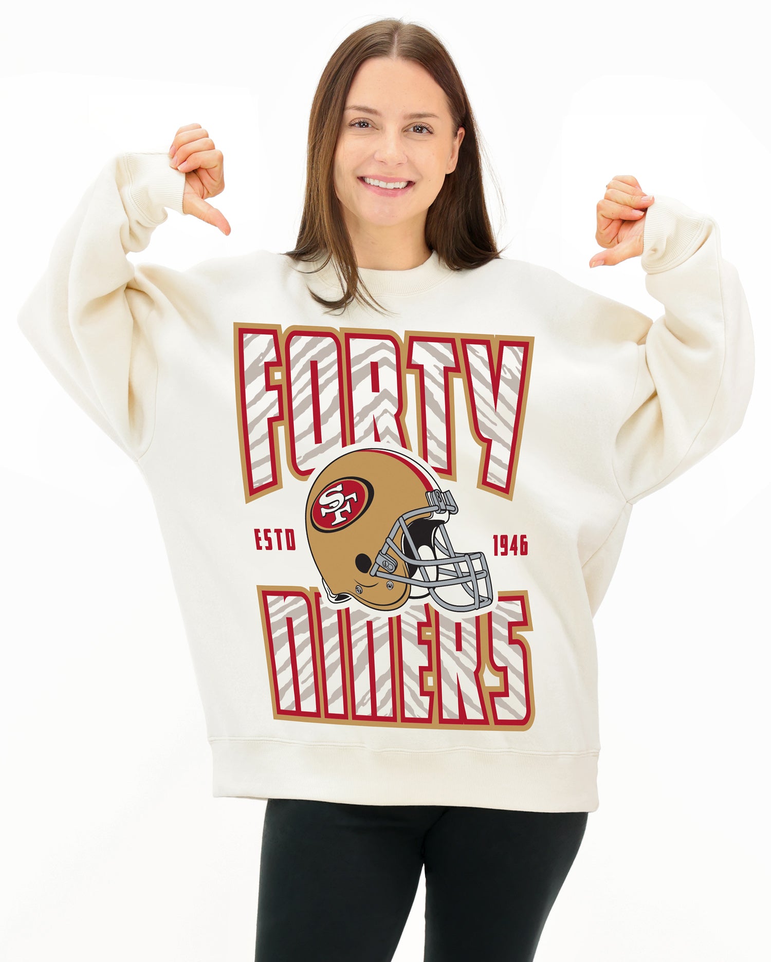 Zubaz NFL UNISEX 90s Helmet Drop Shoulder Crewneck -Off White, SAN FRANCISCO 49ERS