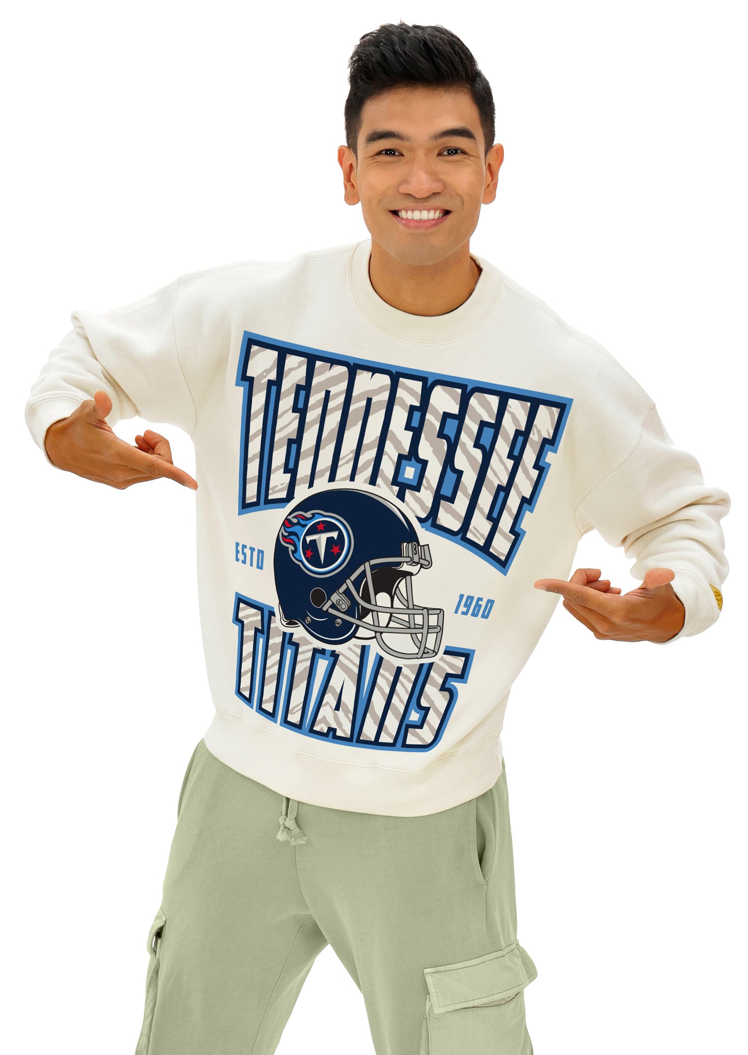 Zubaz NFL UNISEX 90s Helmet Drop Shoulder Crewneck -Off White, TENNESSEE TITANS
