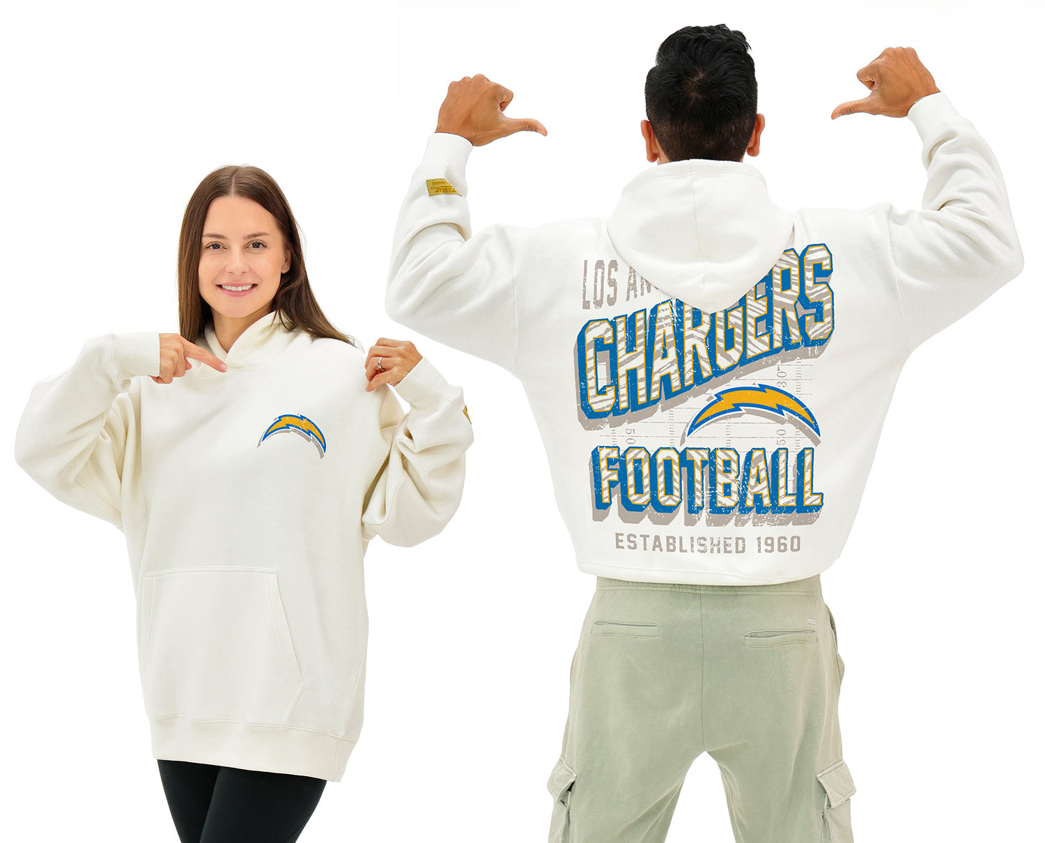 Zubaz NFL UNISEX 90s Vintage First Down Drop Shoulder Hoodie- Off White, LOS ANGELES CHARGERS
