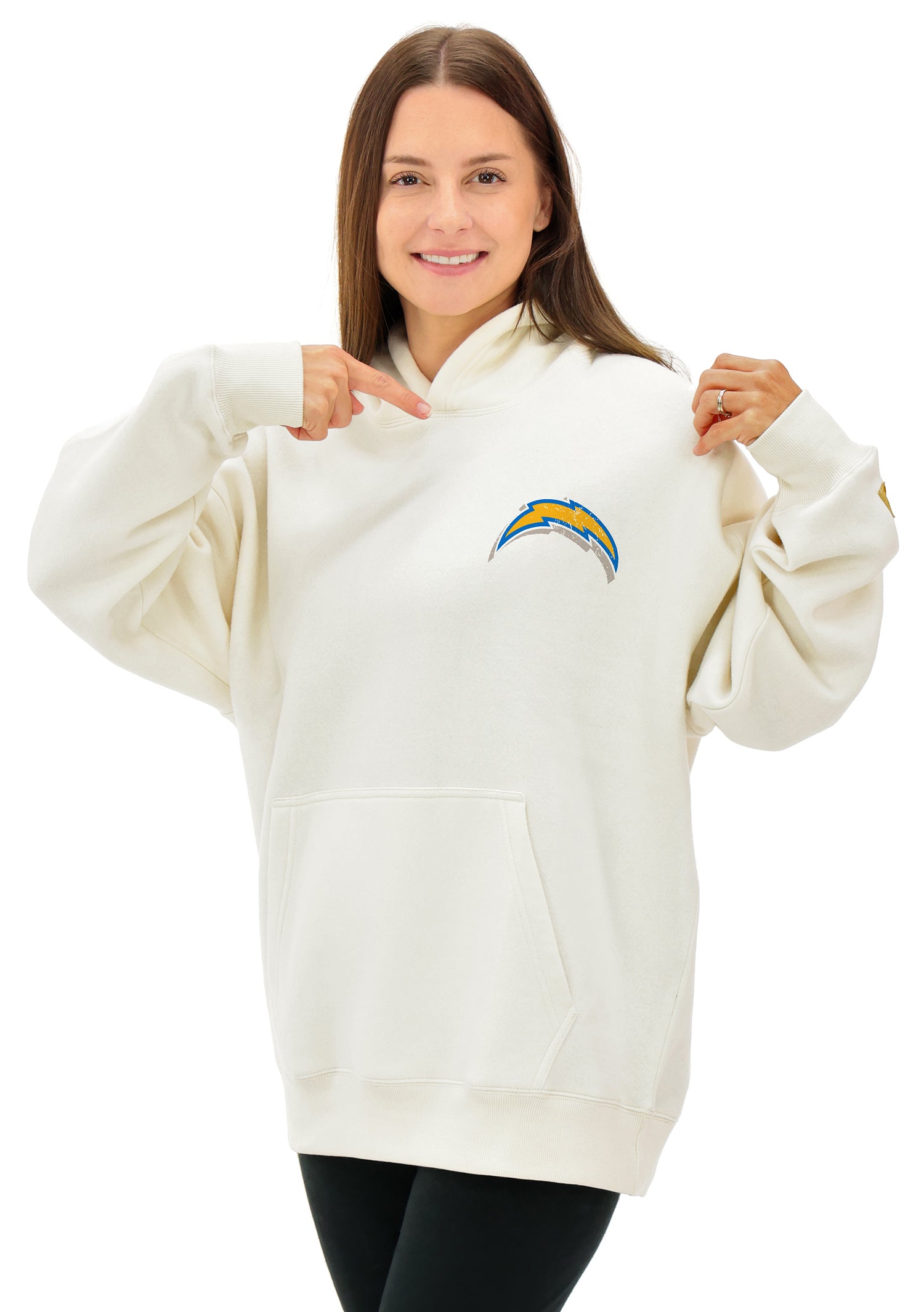 Zubaz NFL UNISEX 90s Vintage First Down Drop Shoulder Hoodie- Off White, LOS ANGELES CHARGERS