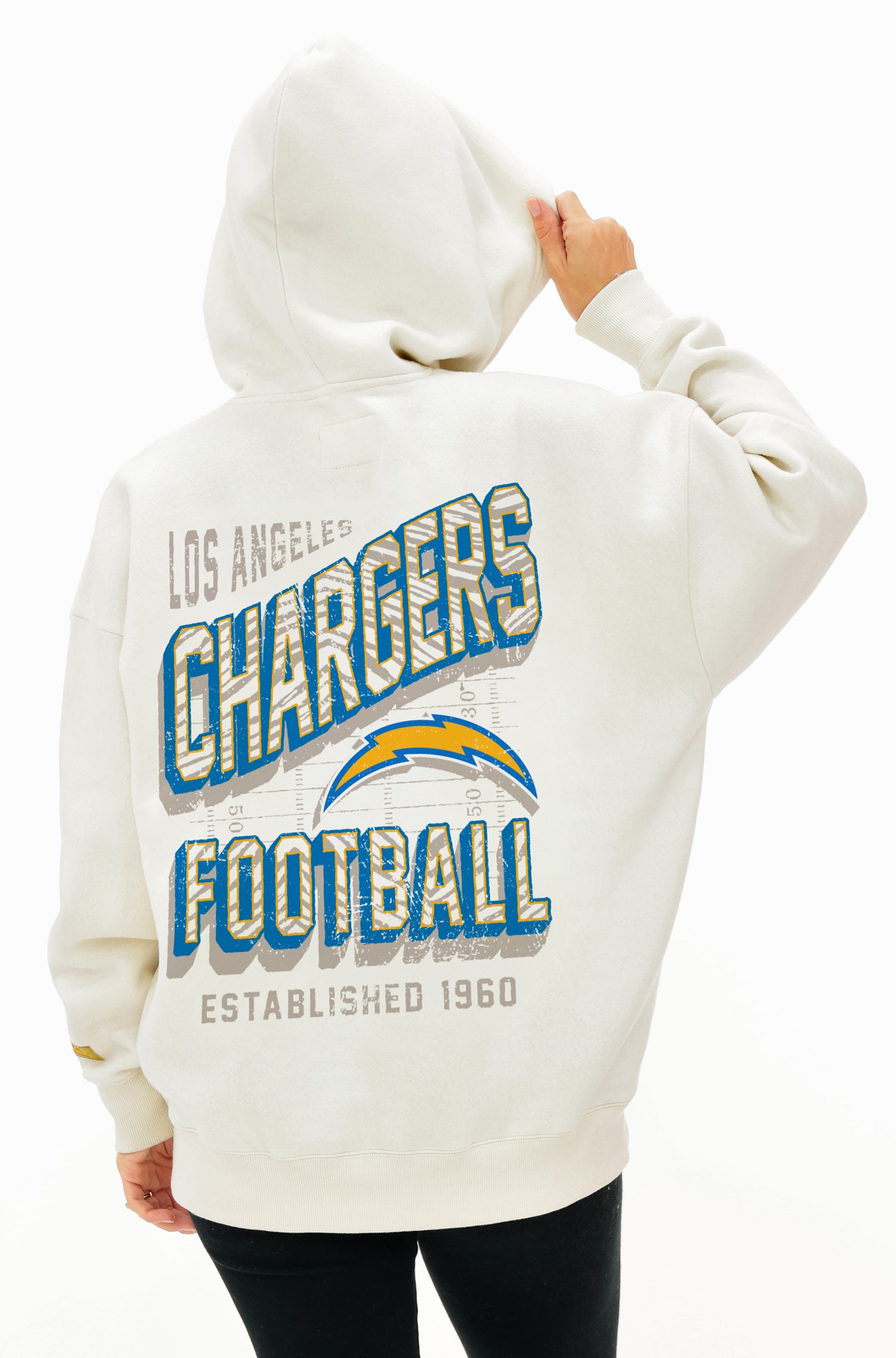 Zubaz NFL UNISEX 90s Vintage First Down Drop Shoulder Hoodie- Off White, LOS ANGELES CHARGERS