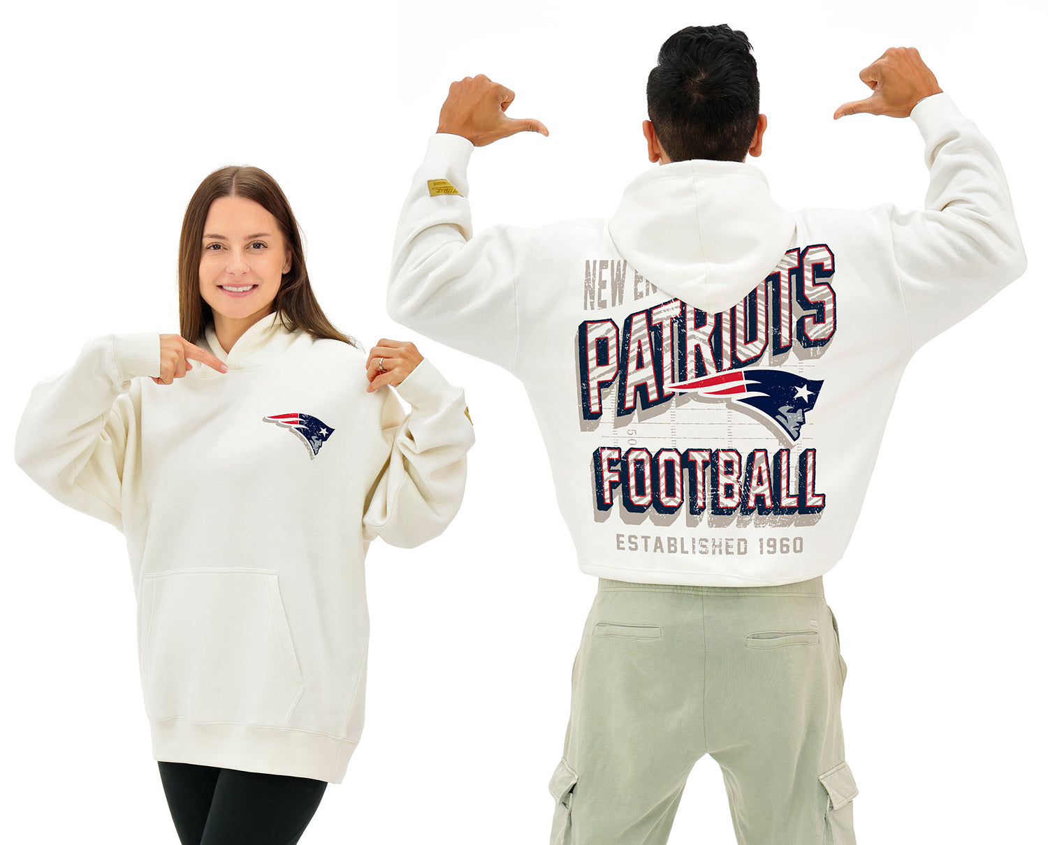 Zubaz NFL UNISEX 90s Vintage First Down Drop Shoulder Hoodie- Off White, NEW ENGLAND PATRIOTS