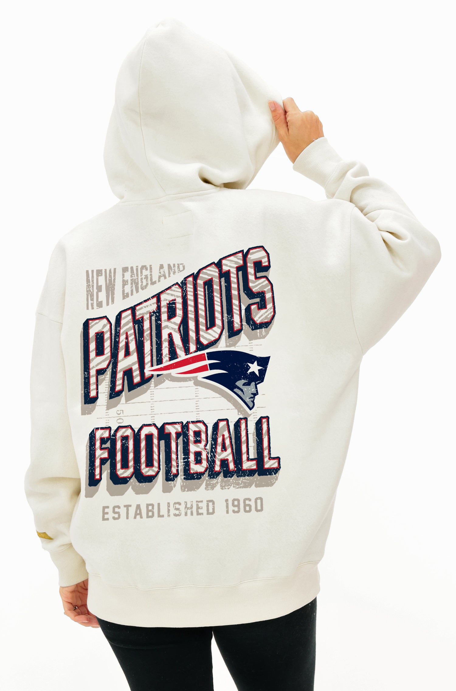Zubaz NFL UNISEX 90s Vintage First Down Drop Shoulder Hoodie- Off White, NEW ENGLAND PATRIOTS