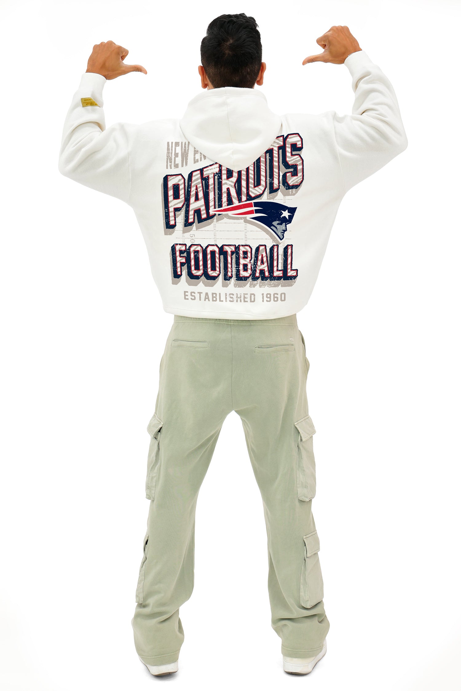 Zubaz NFL UNISEX 90s Vintage First Down Drop Shoulder Hoodie- Off White, NEW ENGLAND PATRIOTS