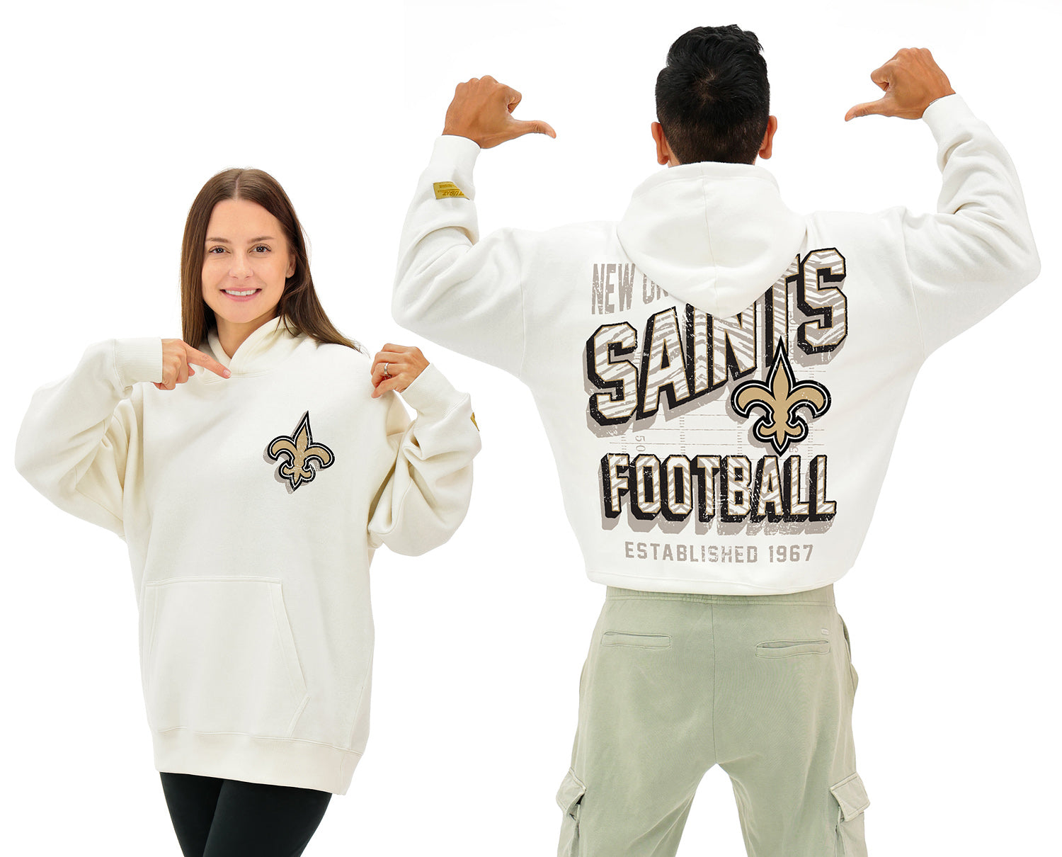 Zubaz NFL UNISEX 90s Vintage First Down Drop Shoulder Hoodie- Off White, NEW ORLEANS SAINTS