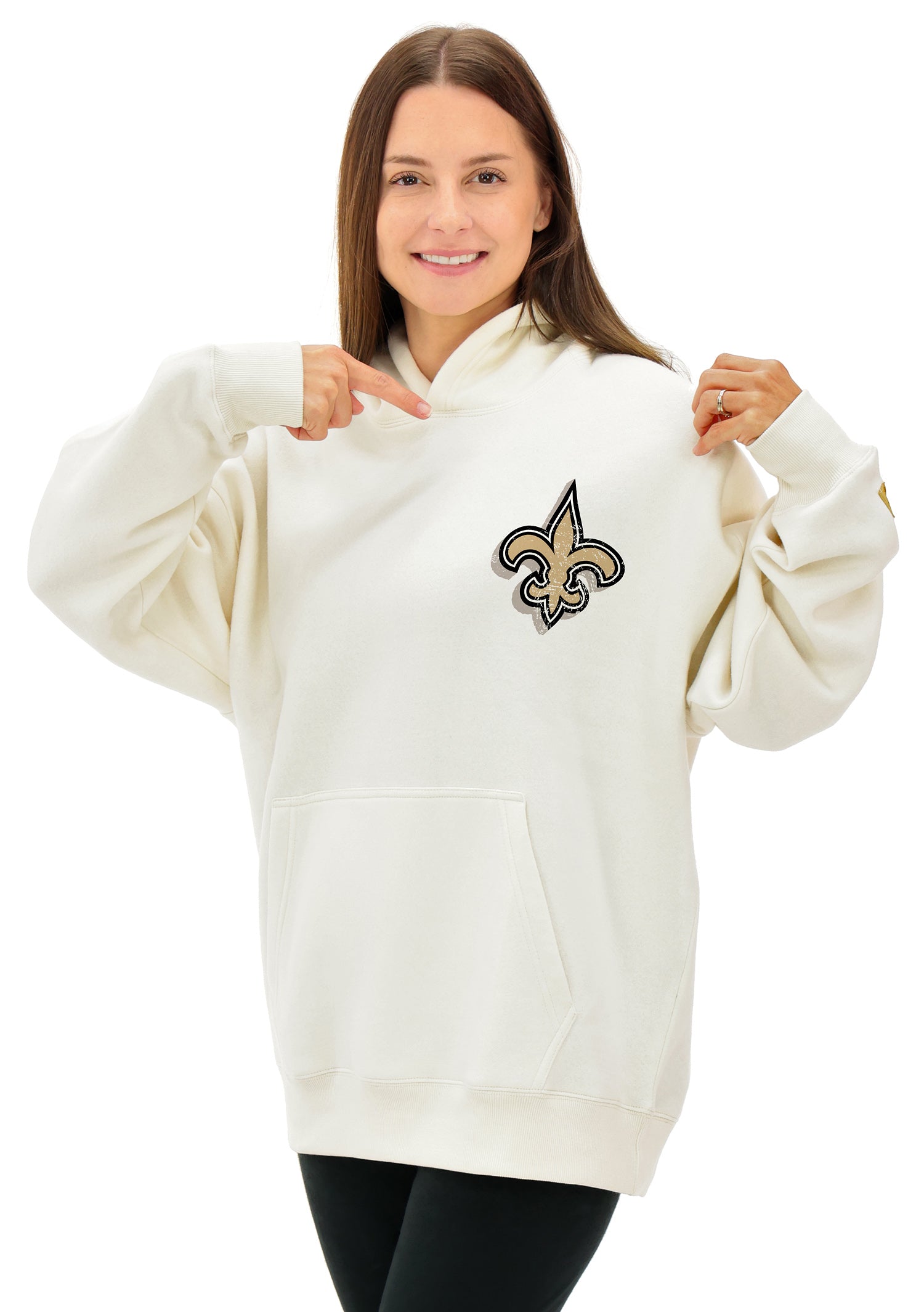 Zubaz NFL UNISEX 90s Vintage First Down Drop Shoulder Hoodie- Off White, NEW ORLEANS SAINTS