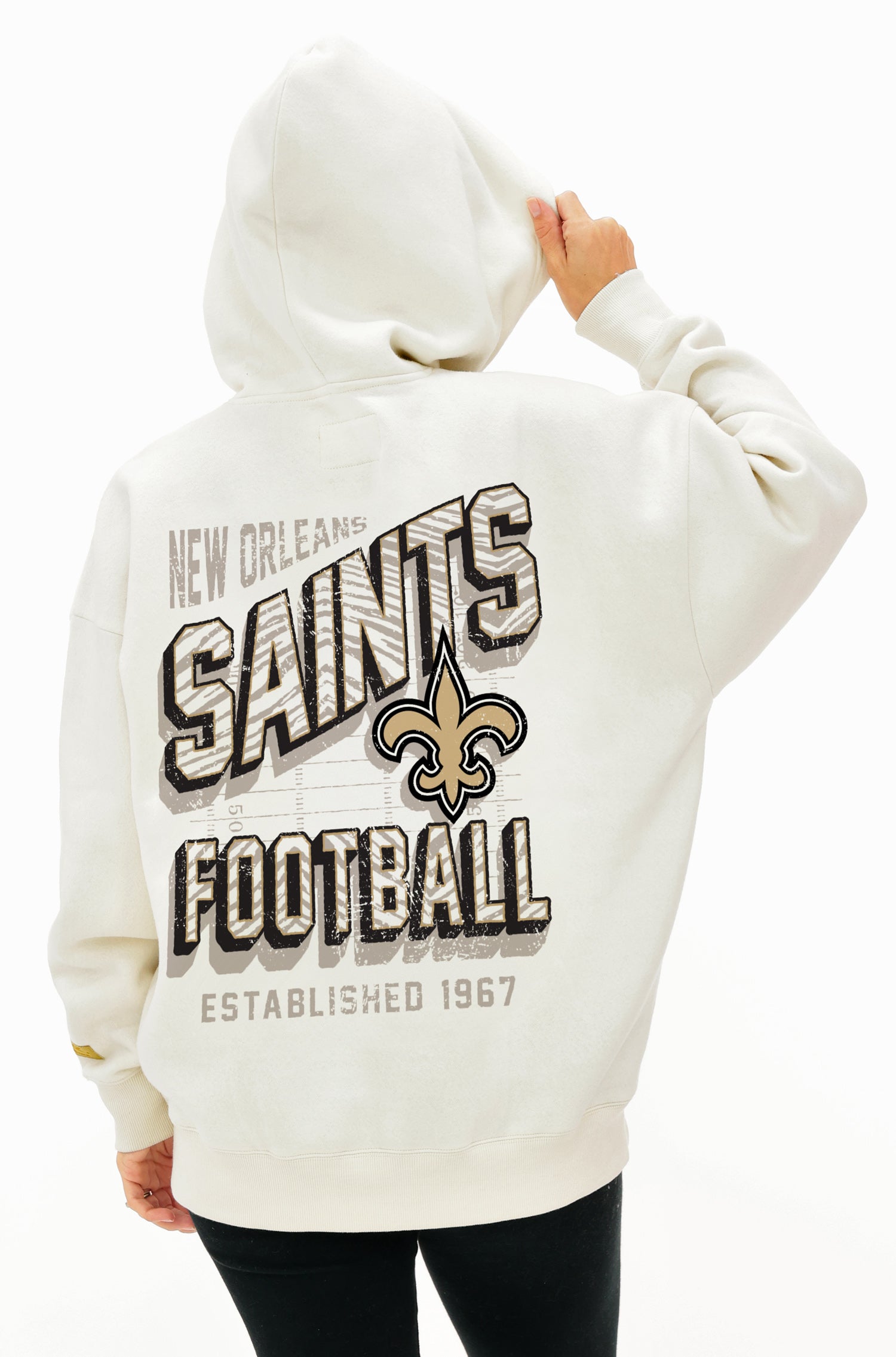 Zubaz NFL UNISEX 90s Vintage First Down Drop Shoulder Hoodie- Off White, NEW ORLEANS SAINTS