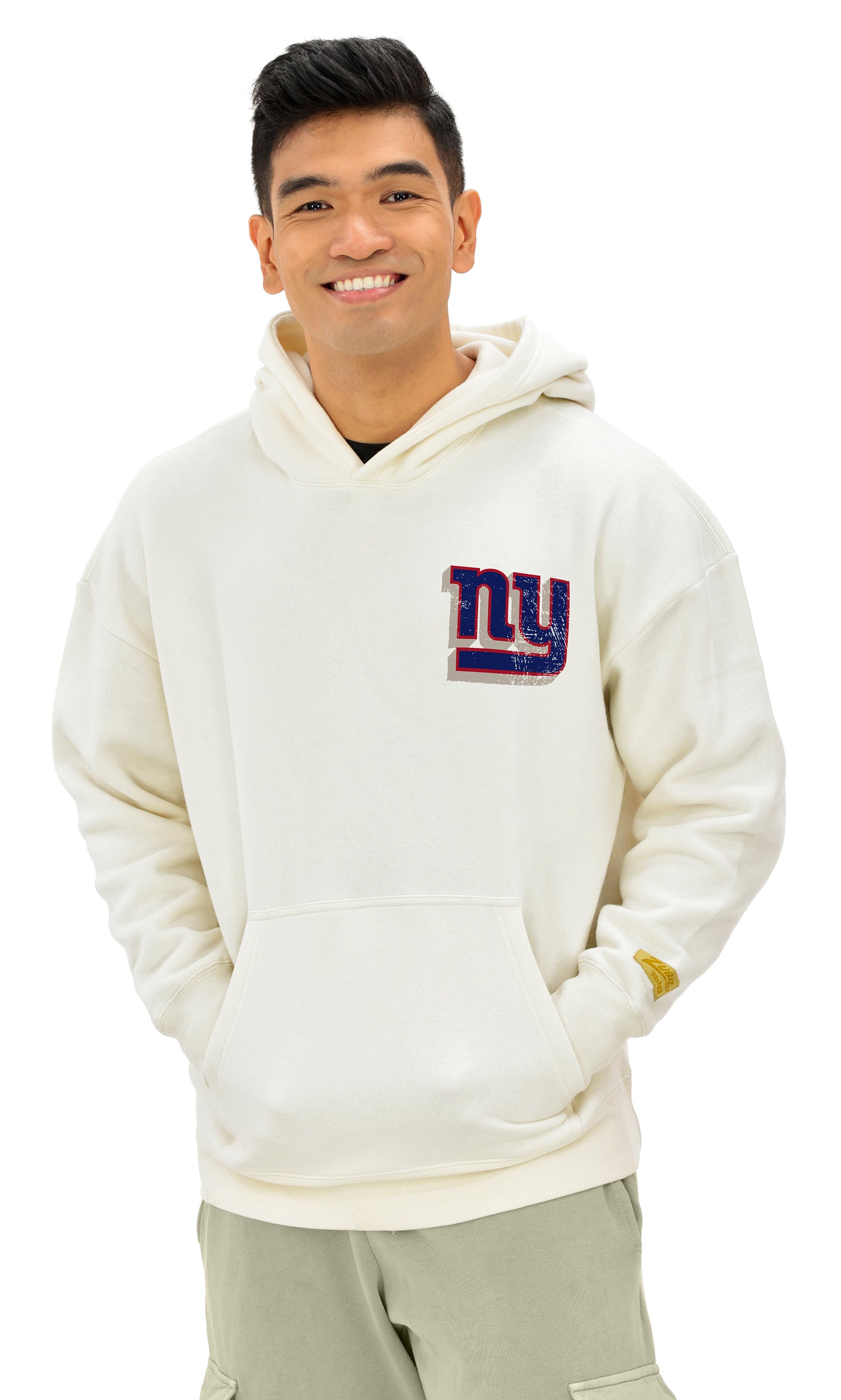 Zubaz NFL UNISEX 90s Vintage First Down Drop Shoulder Hoodie- Off White, NEW YORK GIANTS - Official NFL Giants Zubaz Apparel