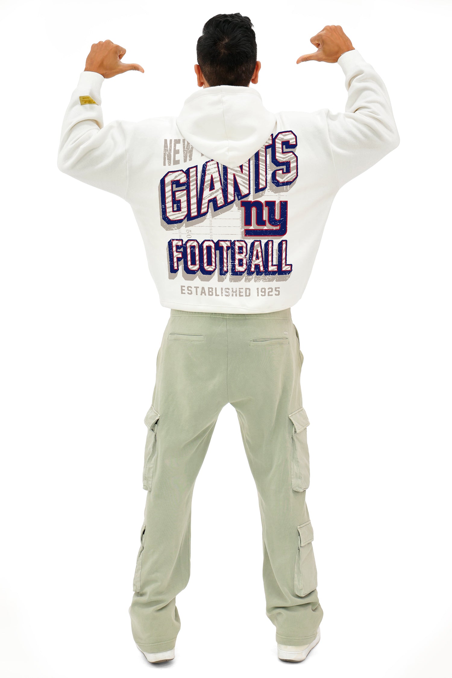 Zubaz NFL UNISEX 90s Vintage First Down Drop Shoulder Hoodie- Off White, NEW YORK GIANTS - Official NFL Giants Zubaz Apparel