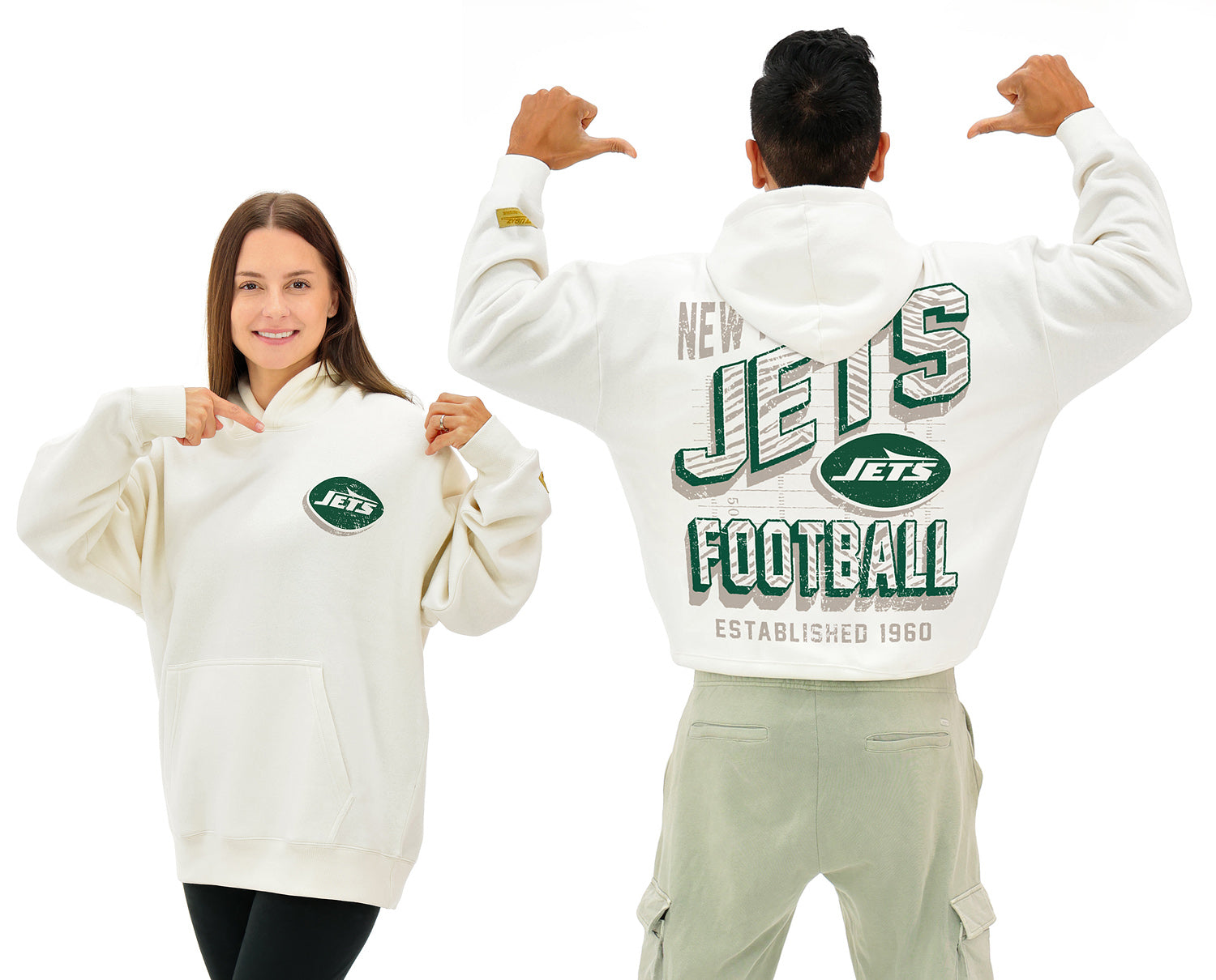 Zubaz NFL UNISEX 90s Vintage First Down Drop Shoulder Hoodie- Off White, NEW YORK JETS