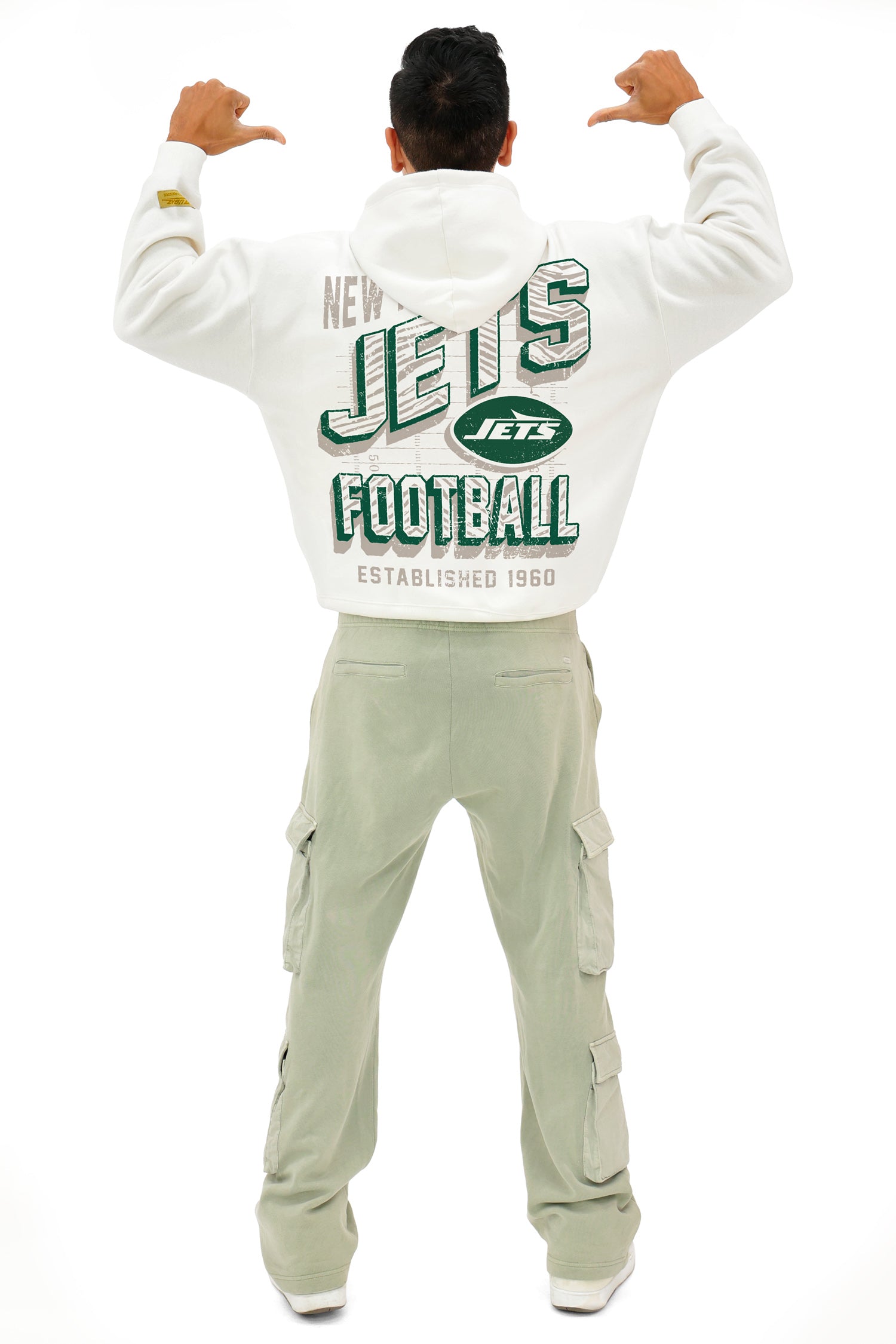 Zubaz NFL UNISEX 90s Vintage First Down Drop Shoulder Hoodie- Off White, NEW YORK JETS
