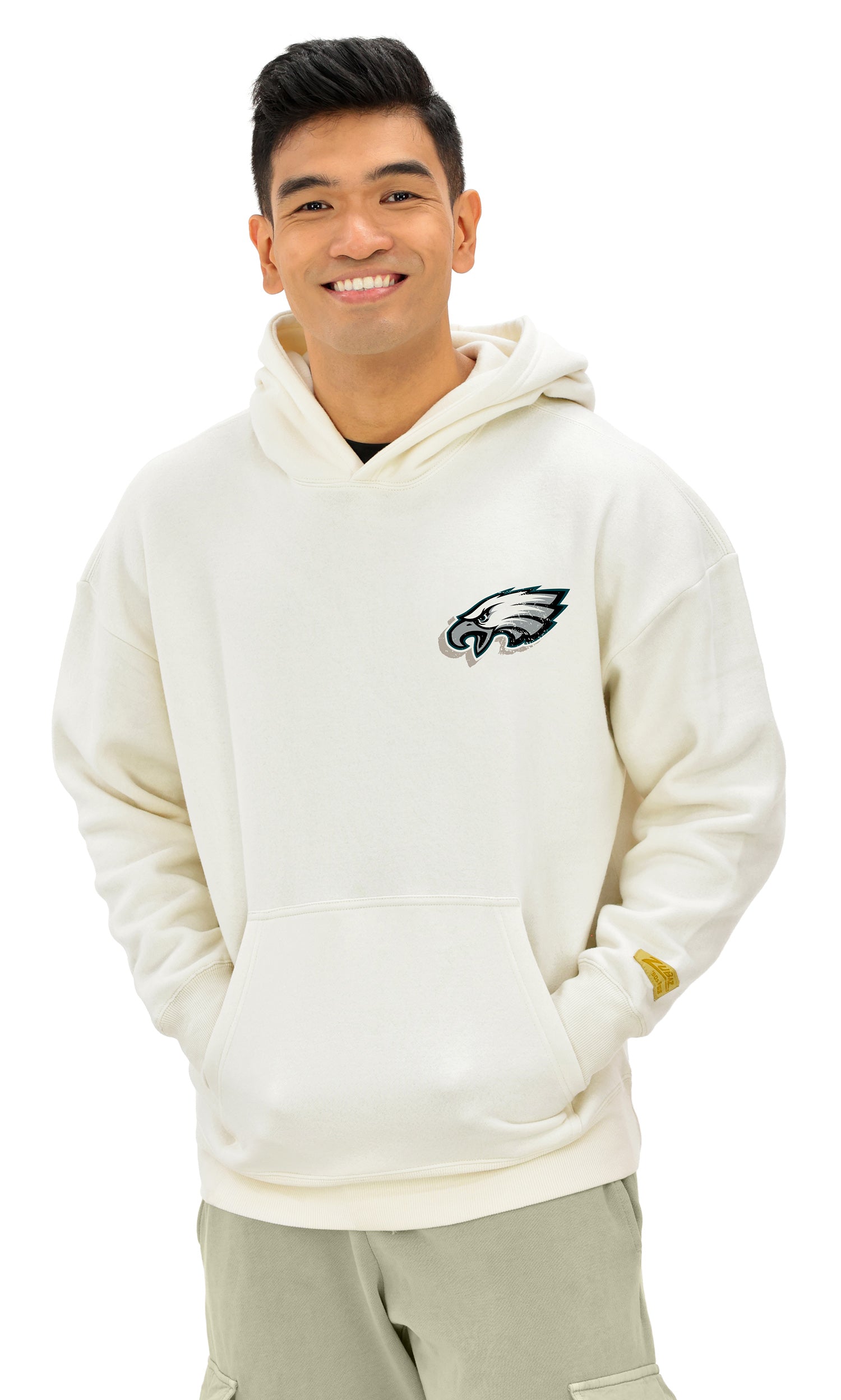 Zubaz NFL UNISEX 90s Vintage First Down Drop Shoulder Hoodie- Off White, PHILADELPHIA EAGLES