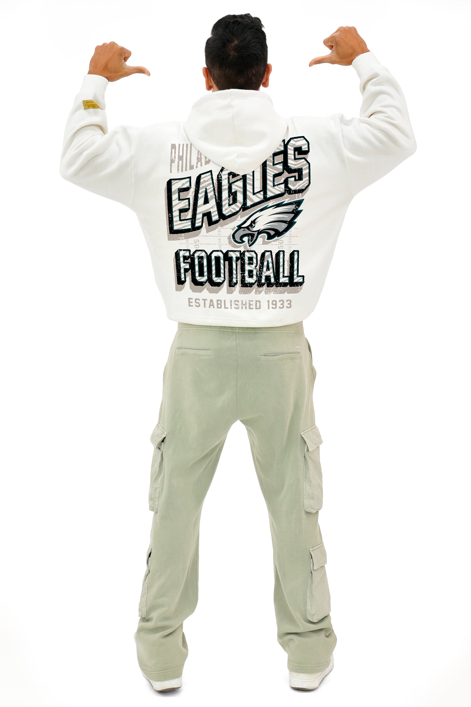 Zubaz NFL UNISEX 90s Vintage First Down Drop Shoulder Hoodie- Off White, PHILADELPHIA EAGLES